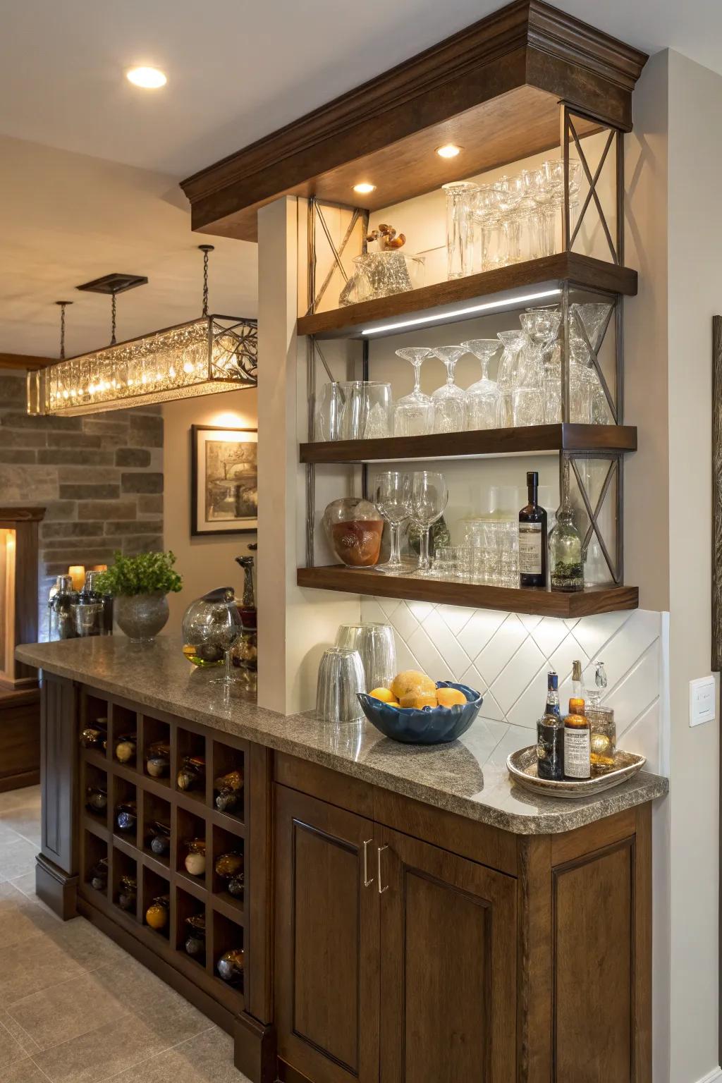 Suspended area fixtures introduce dimension to your bar.