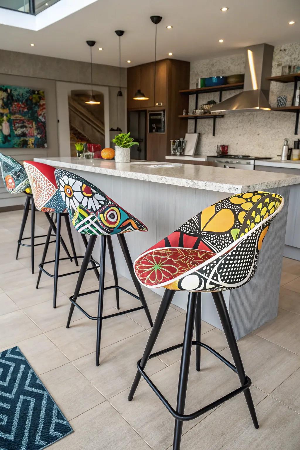 Artistic bar stools add a unique flair.