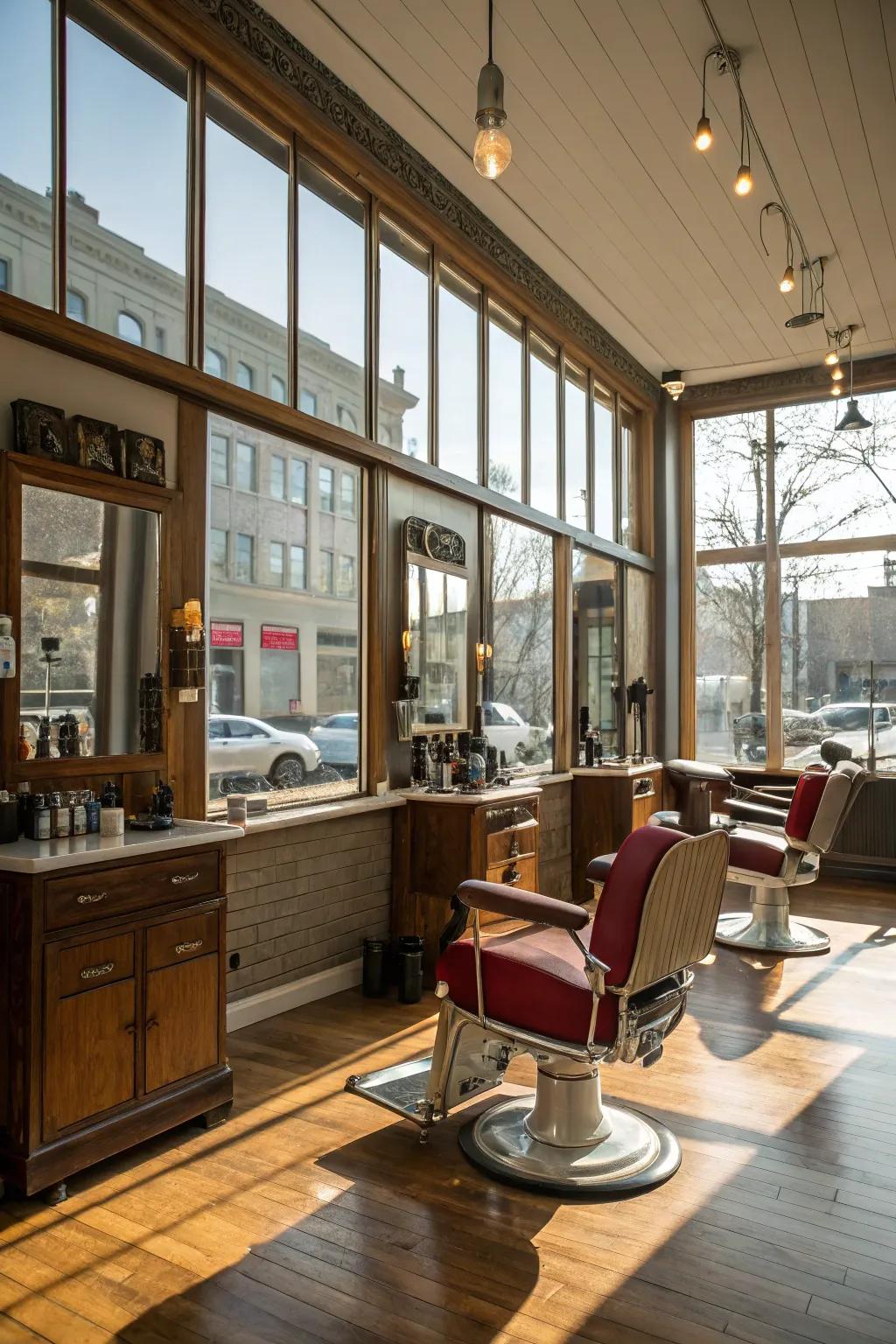 Natural light engulfing a barbershop, fashioning an open and airy environment.