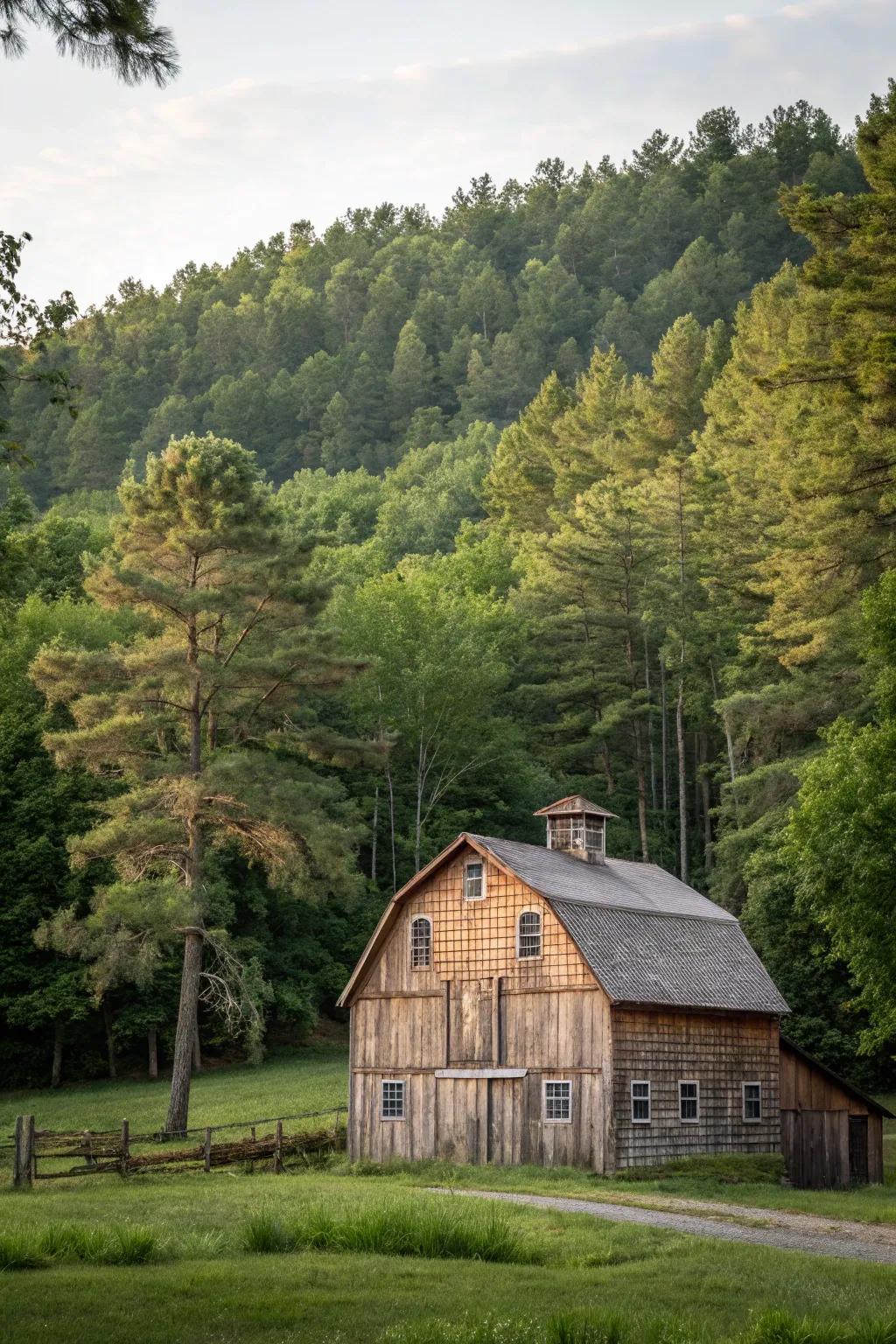 A barn is decorated with cedar shake siding, blending beautifully with nature.
