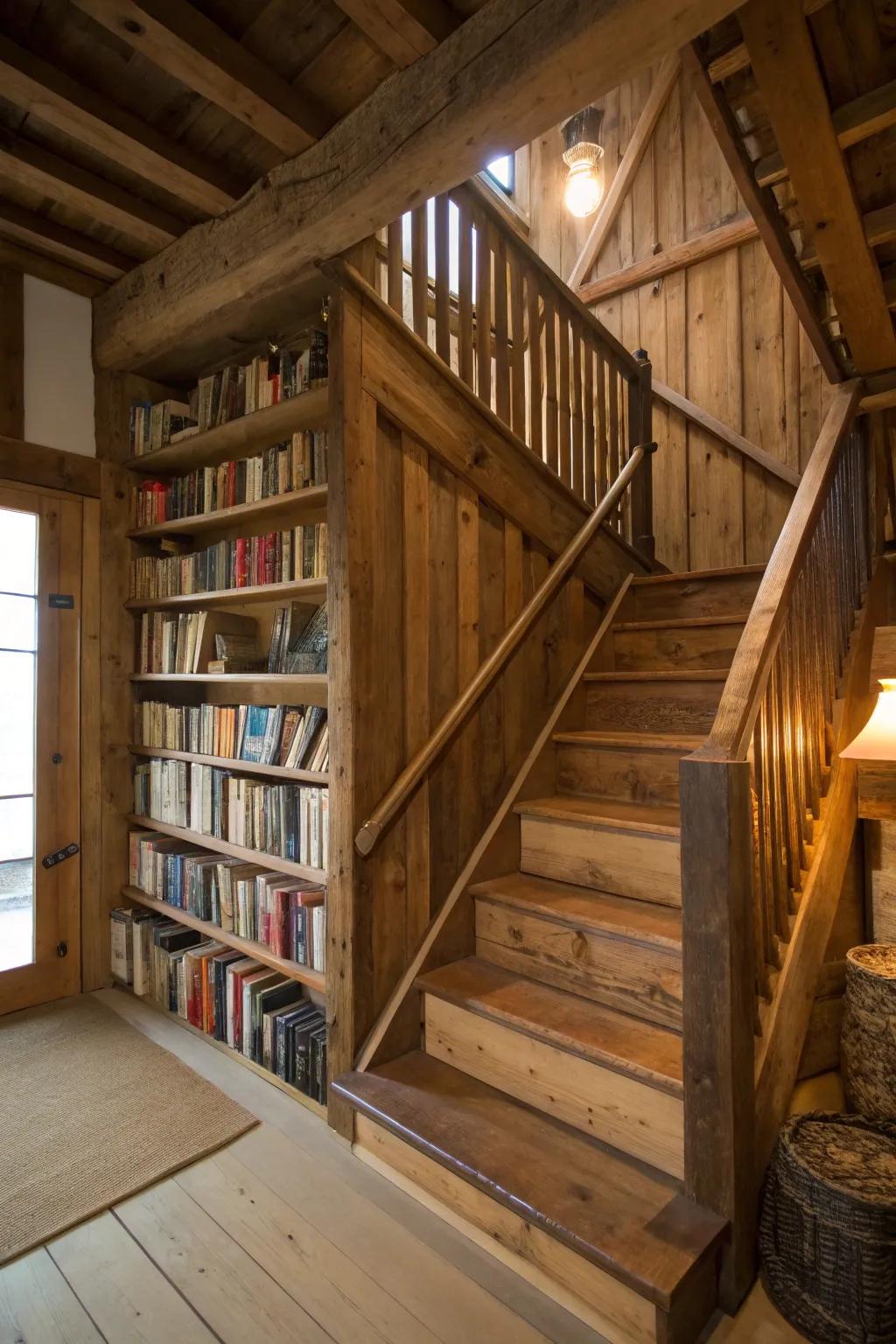 An integrated bookshelf enriches barn stairs with both functionality and charm.