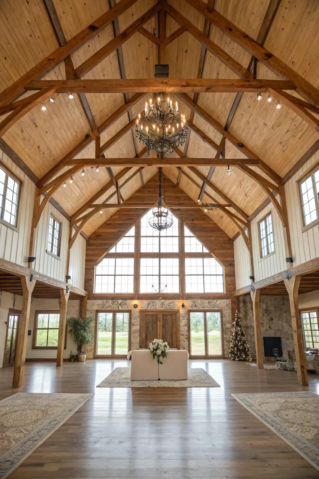Elegant lofty ceilings creating a sense of grandeur in this barndominium.