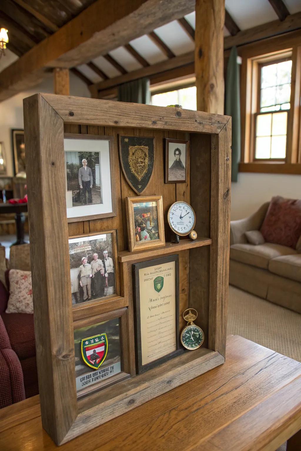 Reclaimed wood display case frame for treasured mementos.