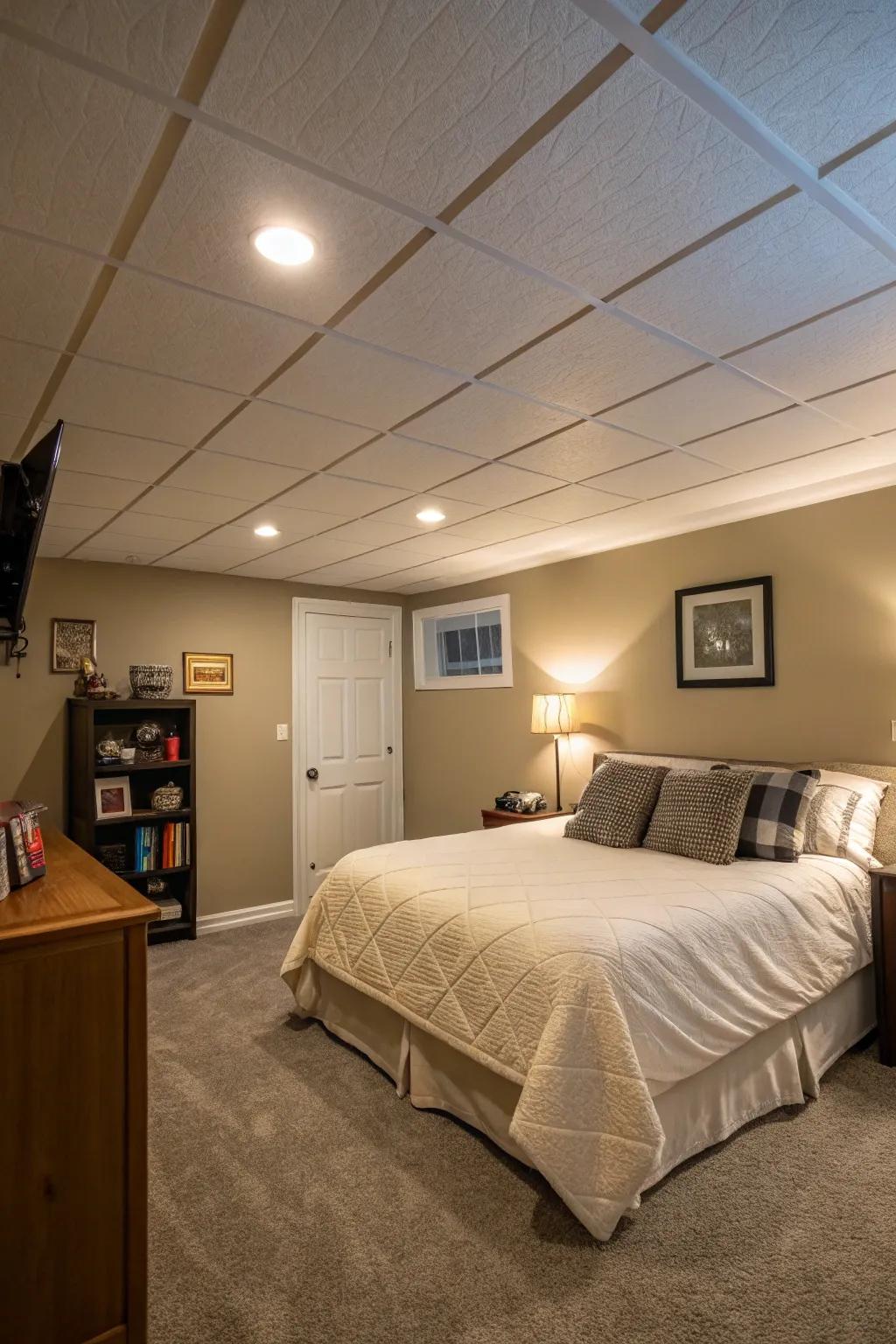 A light-colored ceiling gives this basement bedroom a more spacious feel.