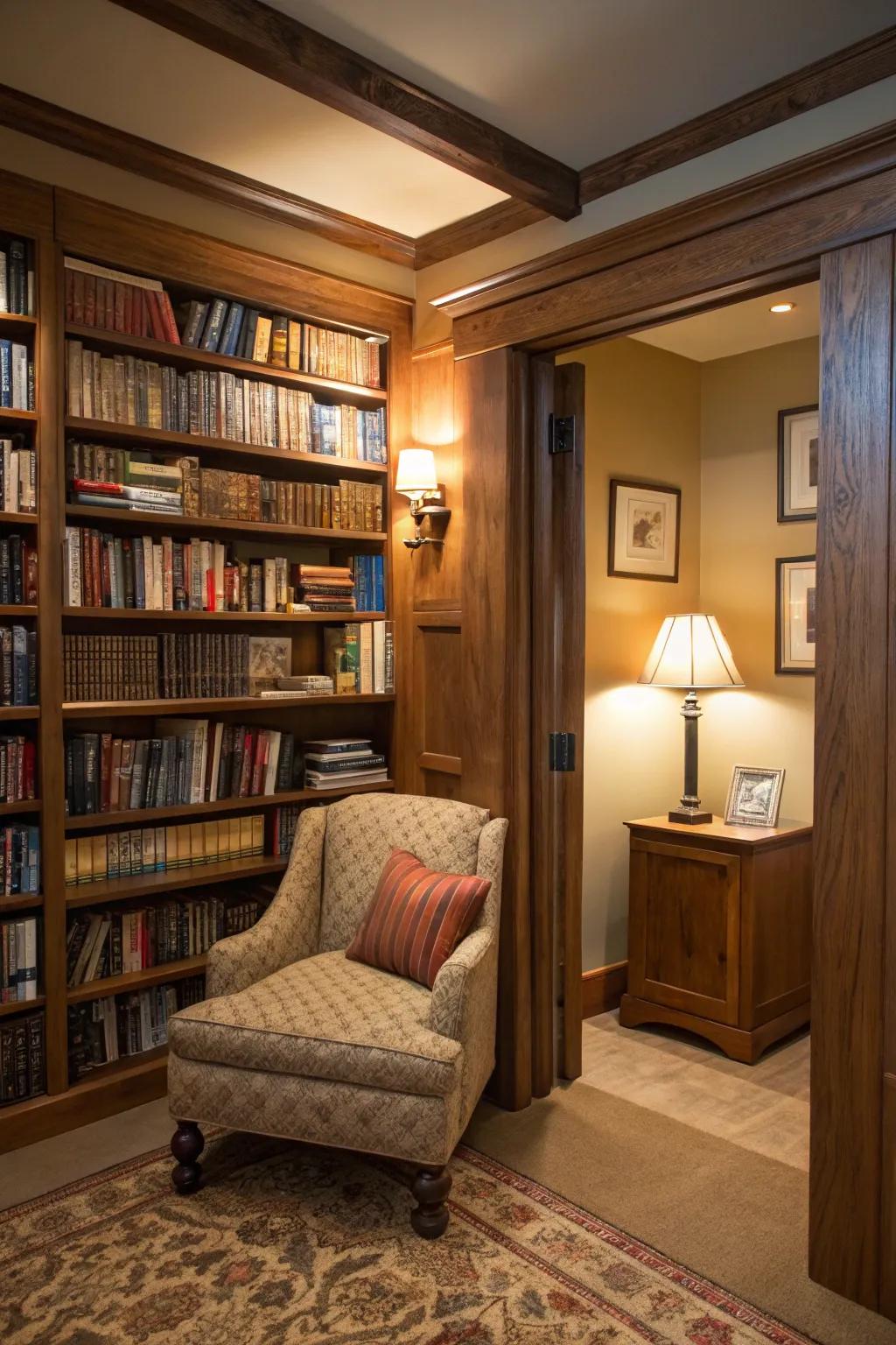A hidden door disguised as a bookshelf adds mystery and allure.