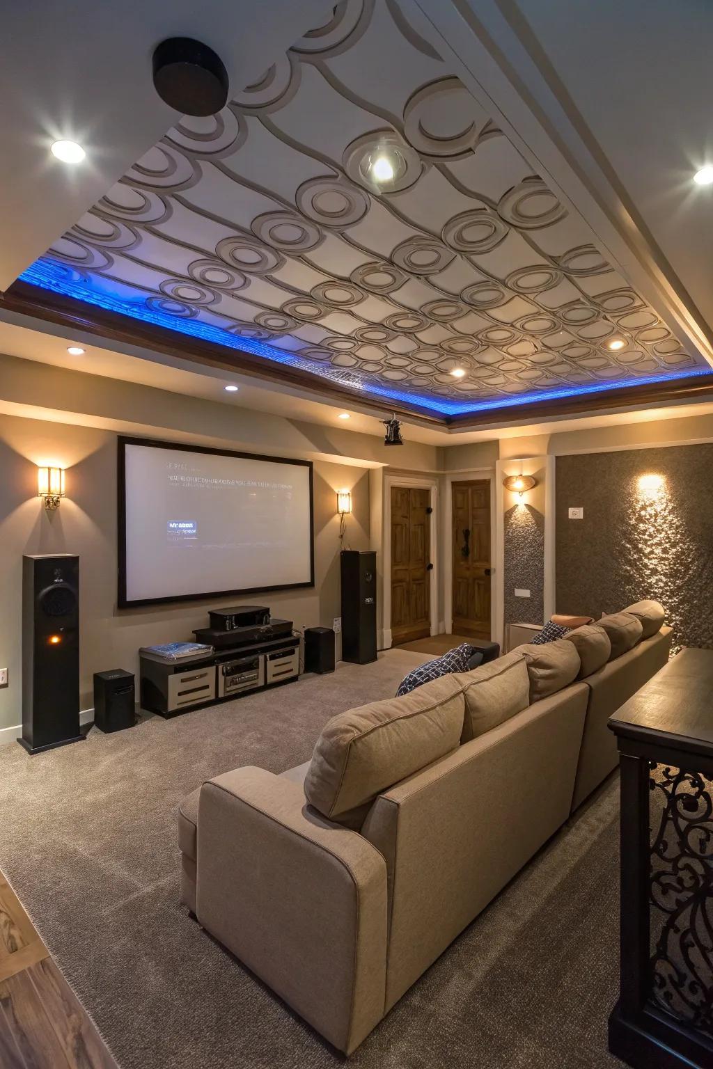 An artistically made ceiling can dramatically enhance the character of a media room.