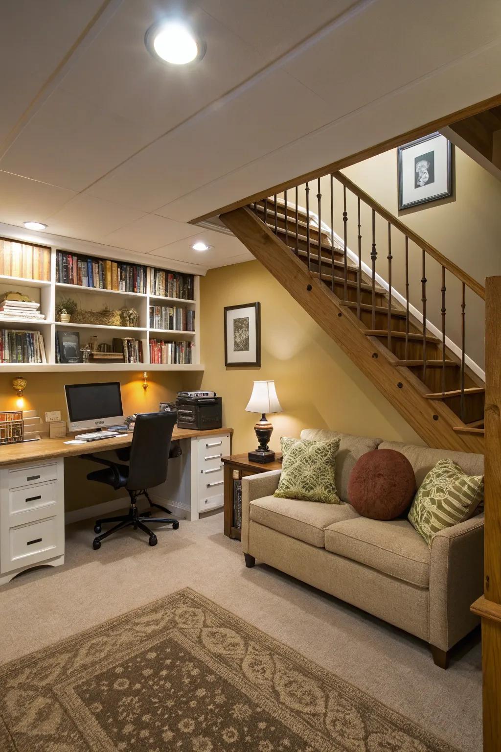 An office nook under the stairs maximizes space use efficiently.