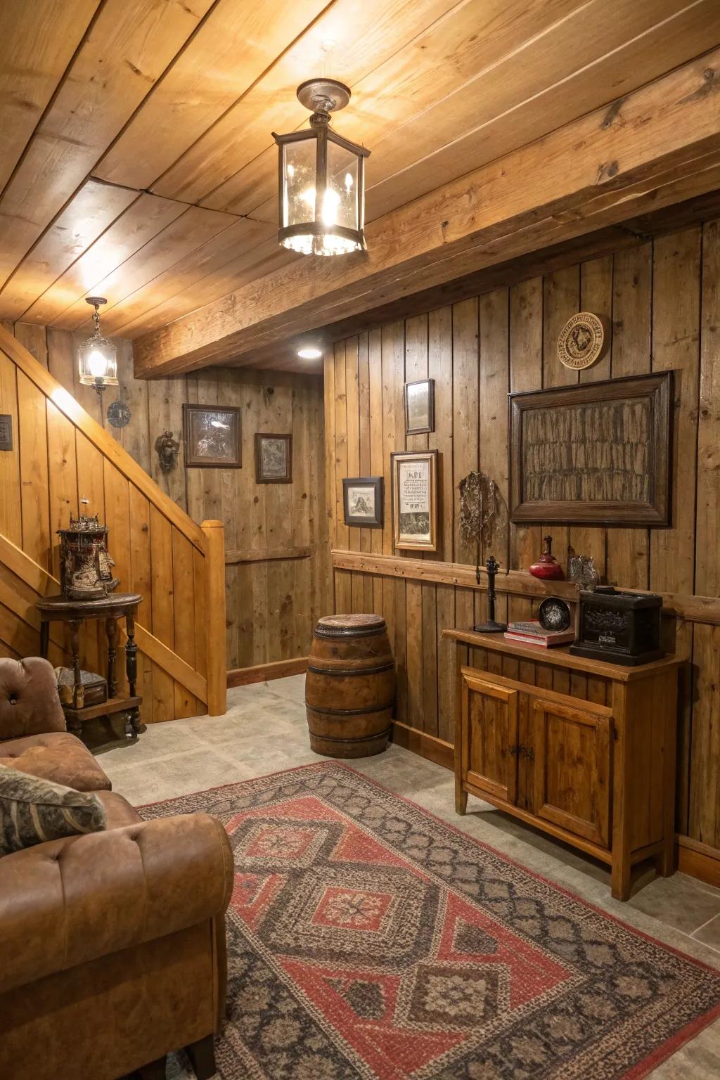 Reclaimed wood panels add character and eco-friendliness to basements.