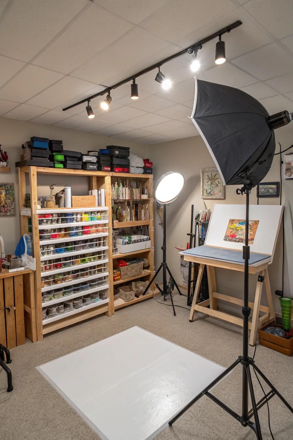 A creative studio resides in the basement, boasting ample storage and versatile lighting for artistic endeavors.
