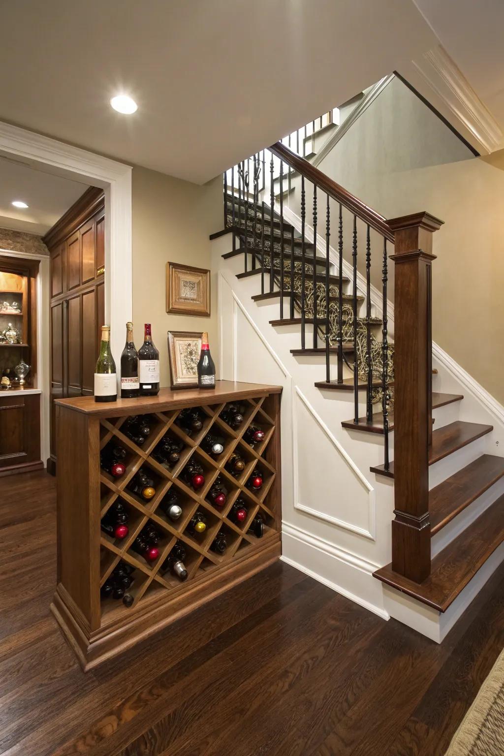 A spirits rack under the stairs appends a hint of elegance and functionality.