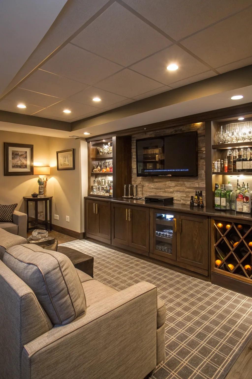 A basement TV chamber showcasing a chic petite bar for effortless access to refreshments.