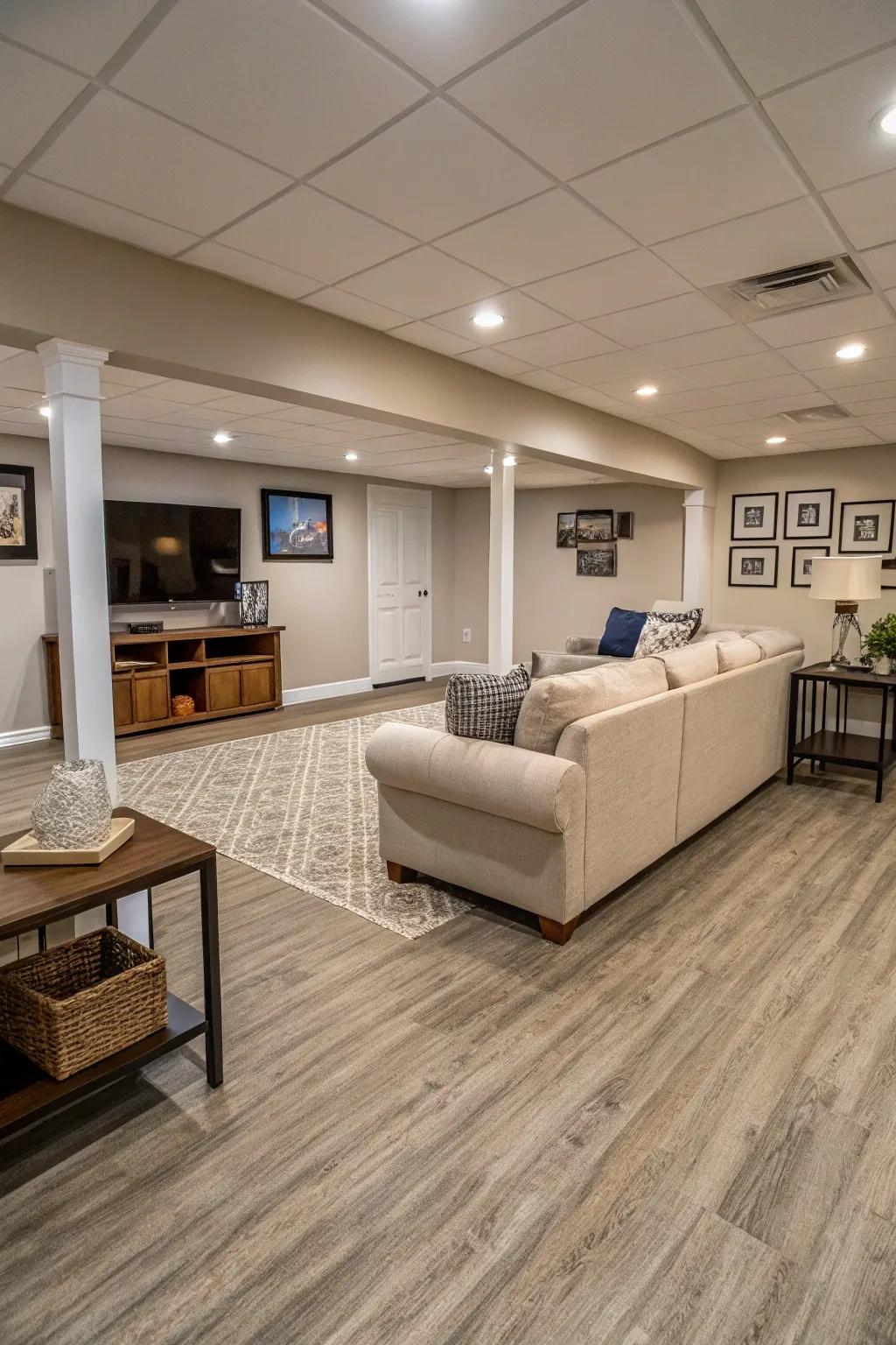 Versatile and adaptable is neutral-toned vinyl flooring.