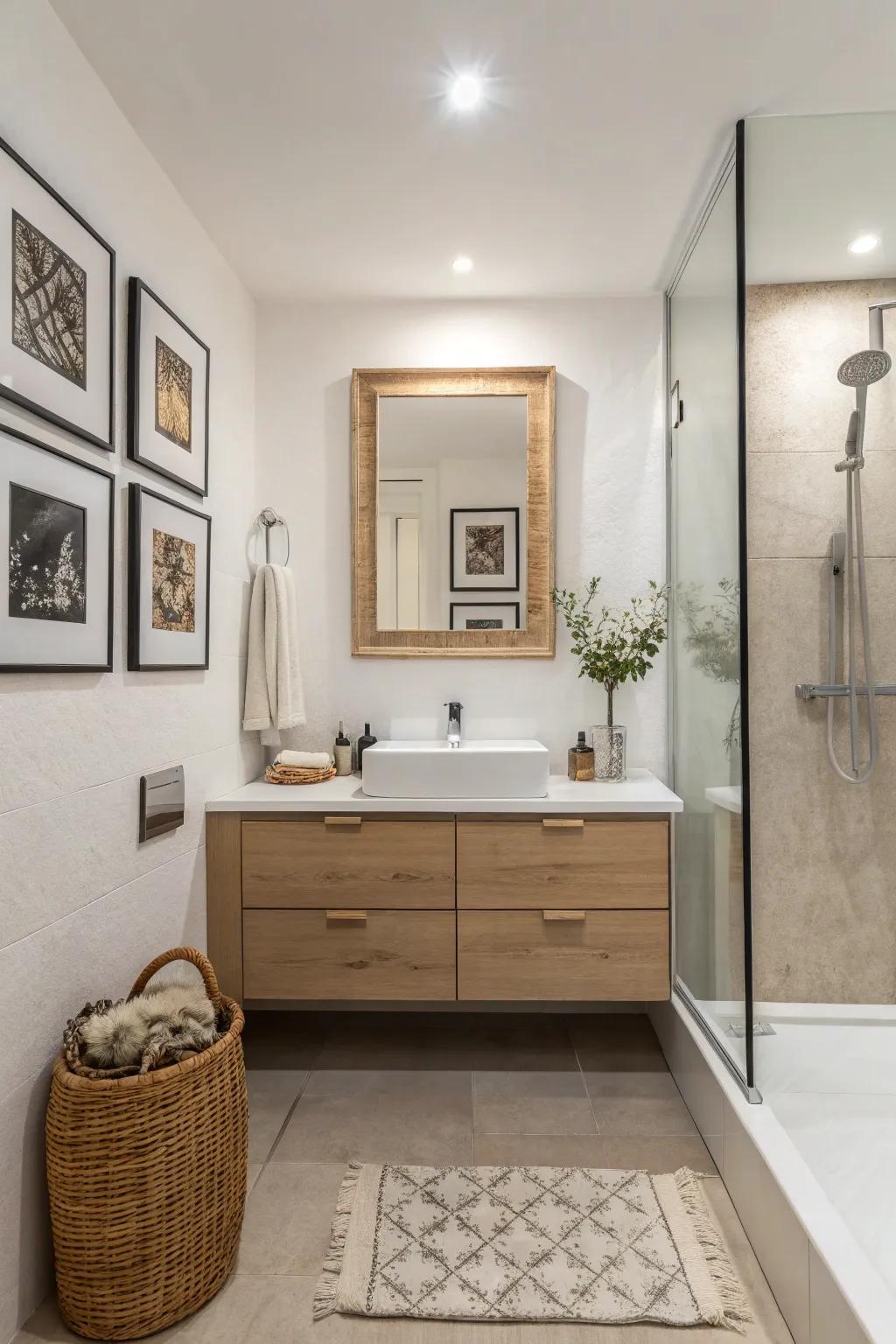 The elegance of white walls is enhanced with minimalist art.