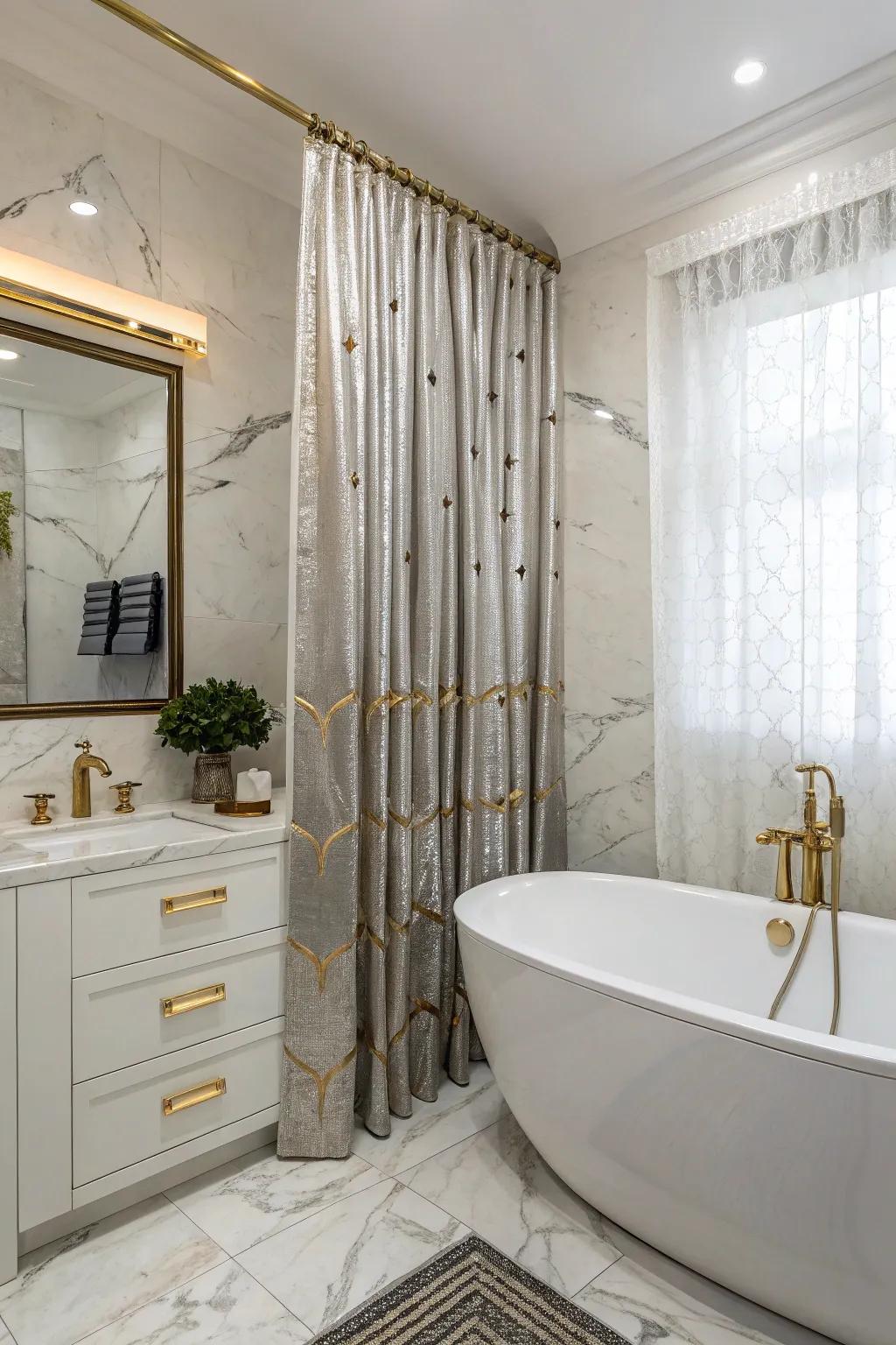 Metallic accents append a glamorous trace to your restroom d&eacute;cor.