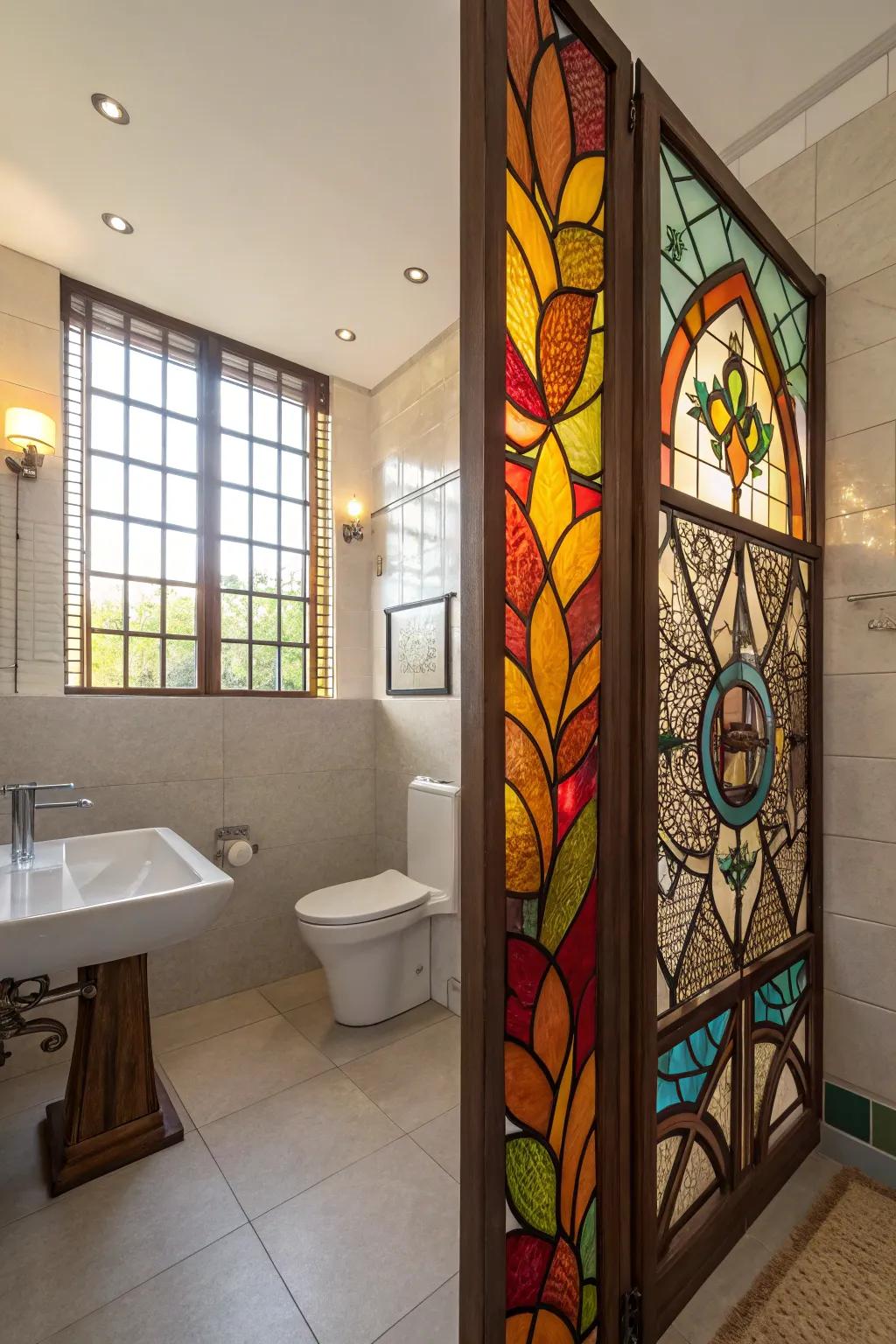 Stained glass partitions turn functional spaces into art.