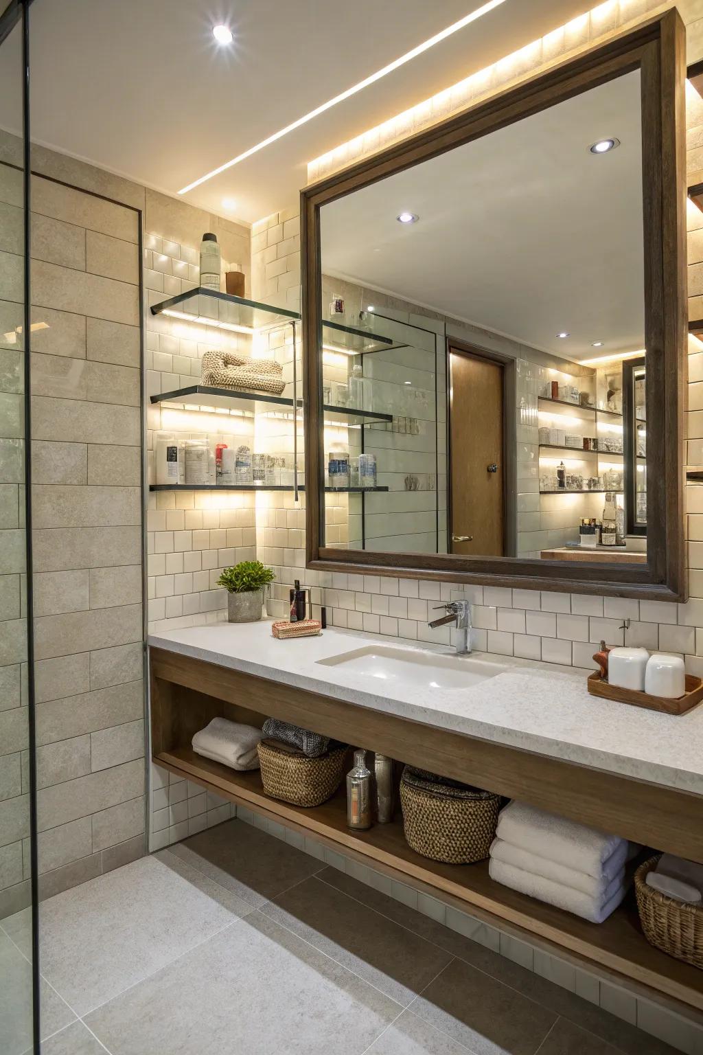 Mirrors enhance the sense of space and light in the lavatory.