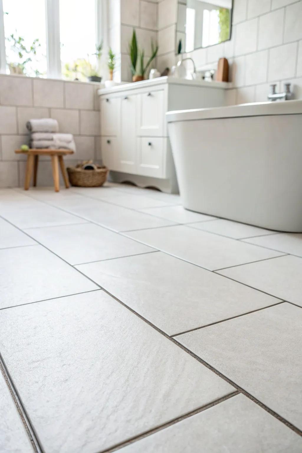 Expansive format tiling cultivates a vast and exposed sensation within restrooms.