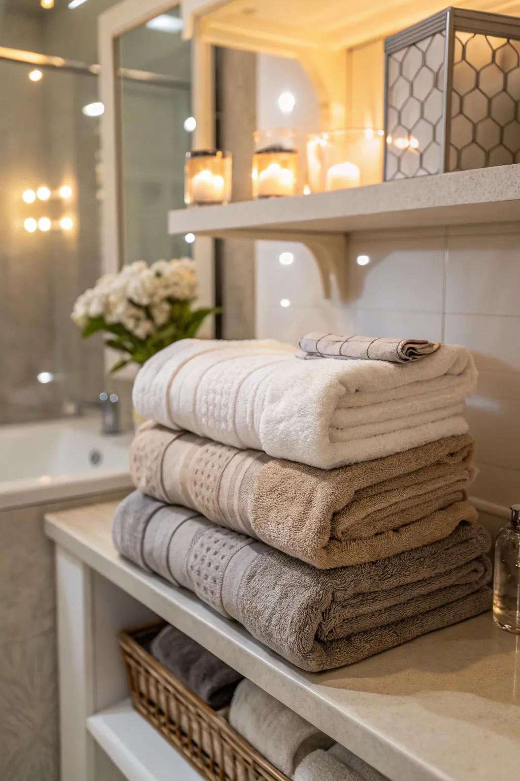 Folded towels offer a timeless and organized display.