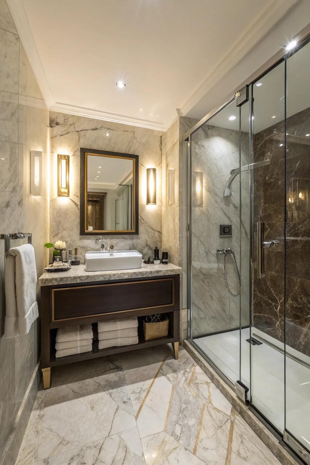 A compact bathroom layout that exudes luxury and sophistication.