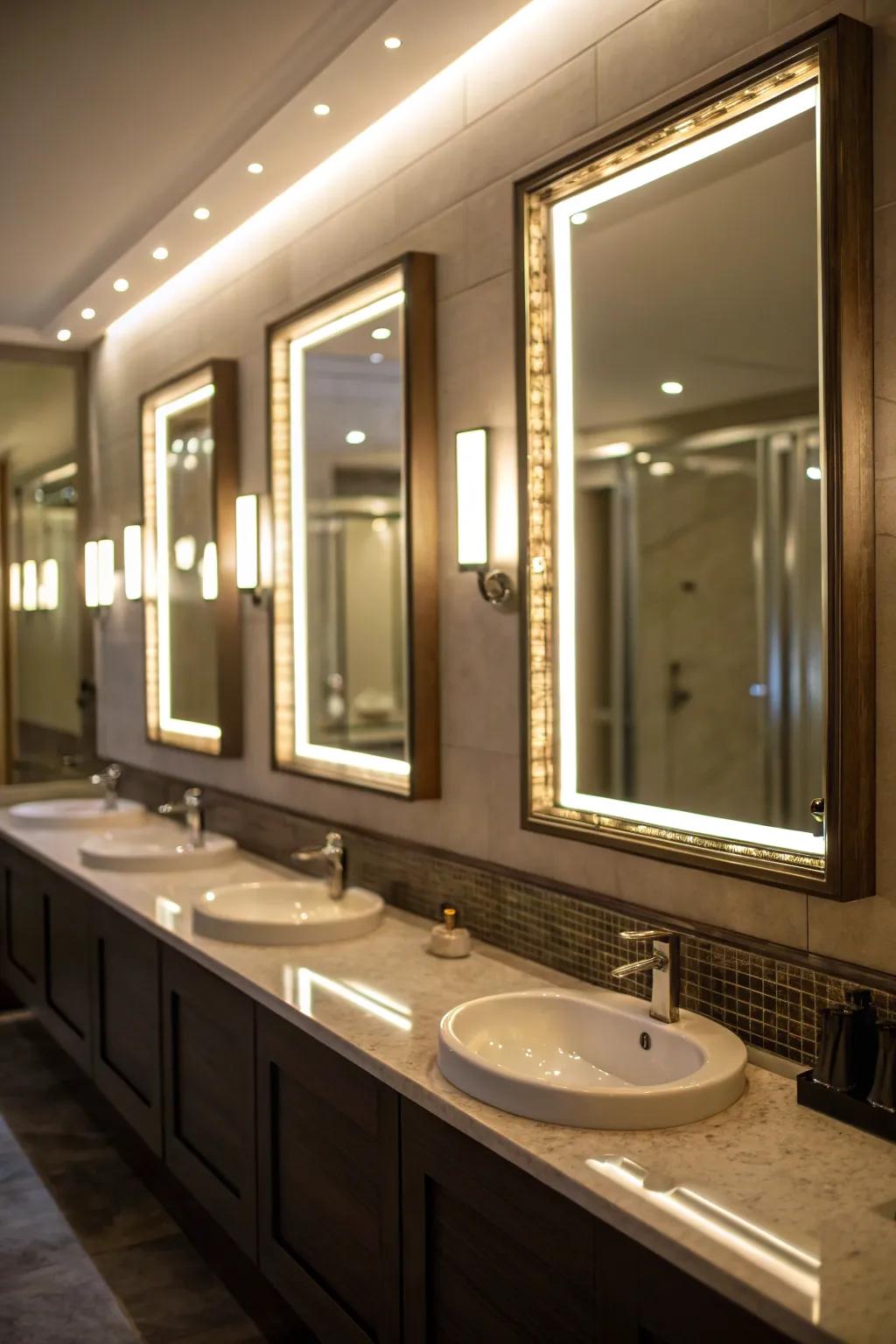 Backlit mirrors add depth and a soft glow.