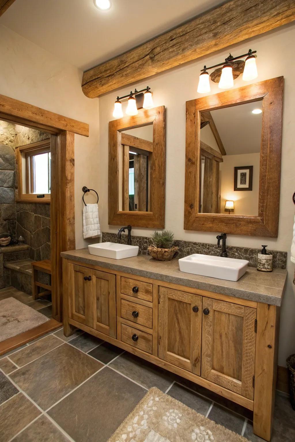 Wooden frames bring warmth and rustic charm to the vanity area.