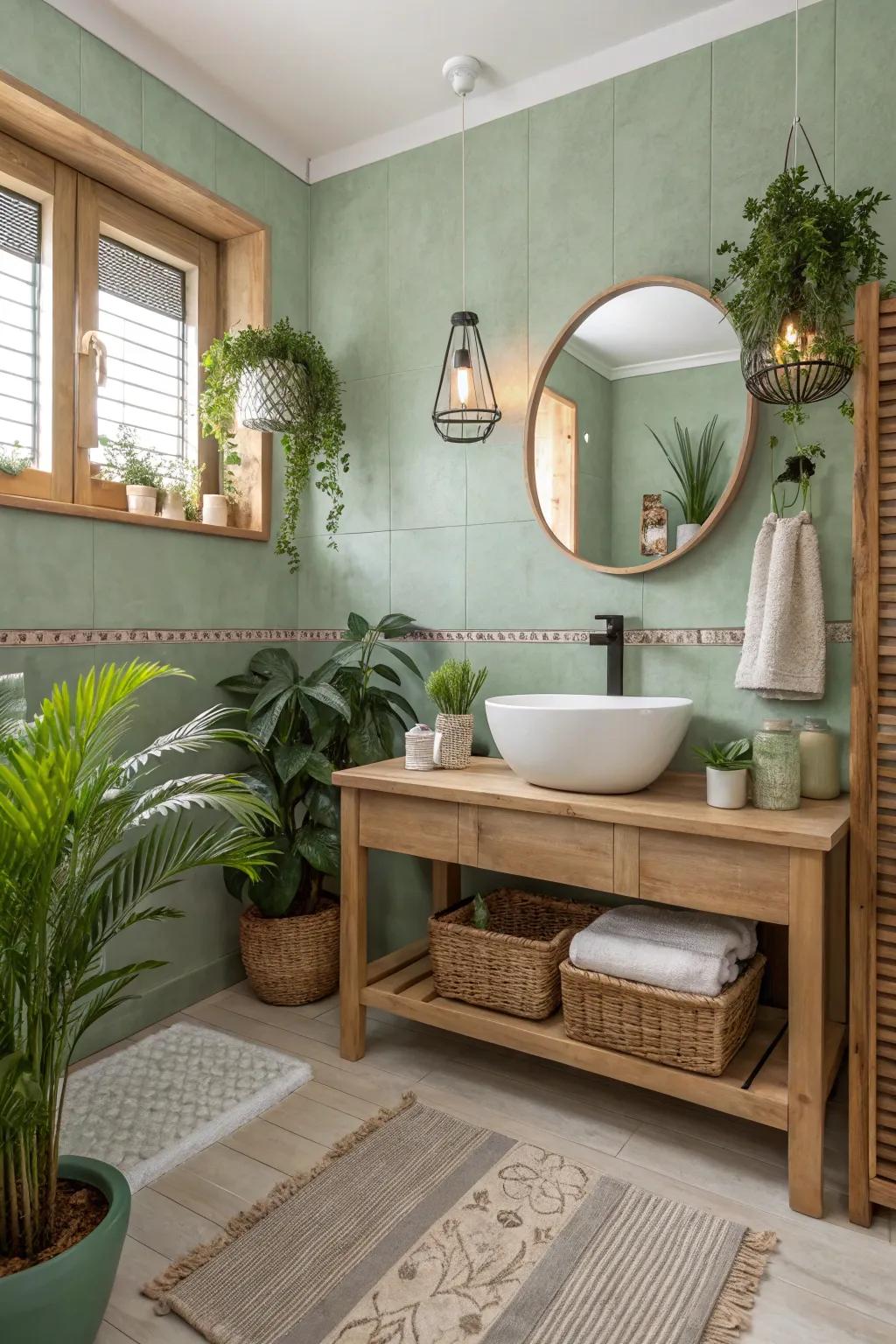 Greenish gray walls create a calming and natural bathroom space.