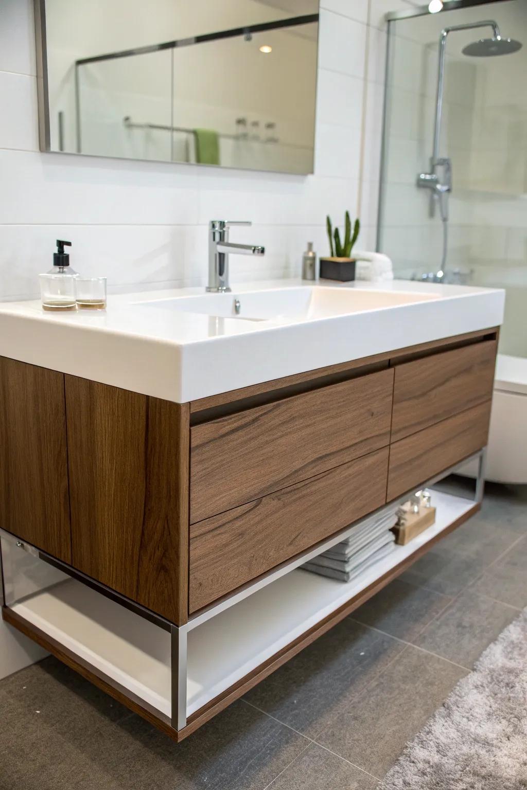 A floating vanity promotes a modern and airy bathroom.
