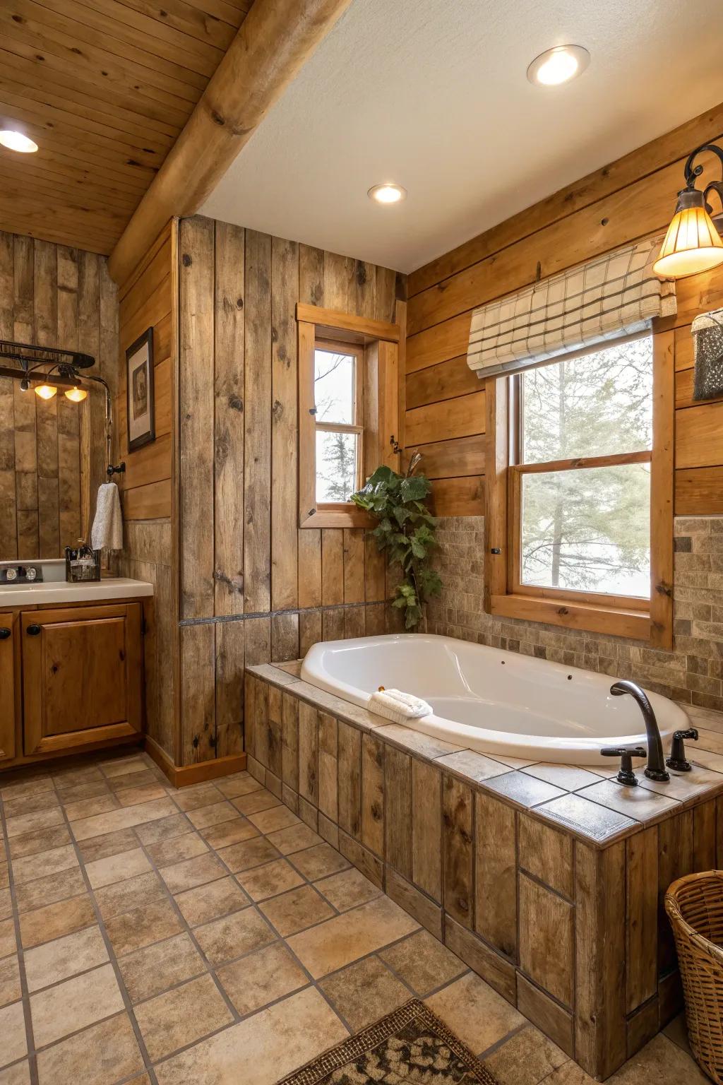 Embrace countryside charm using wood-look tiles around the tub.