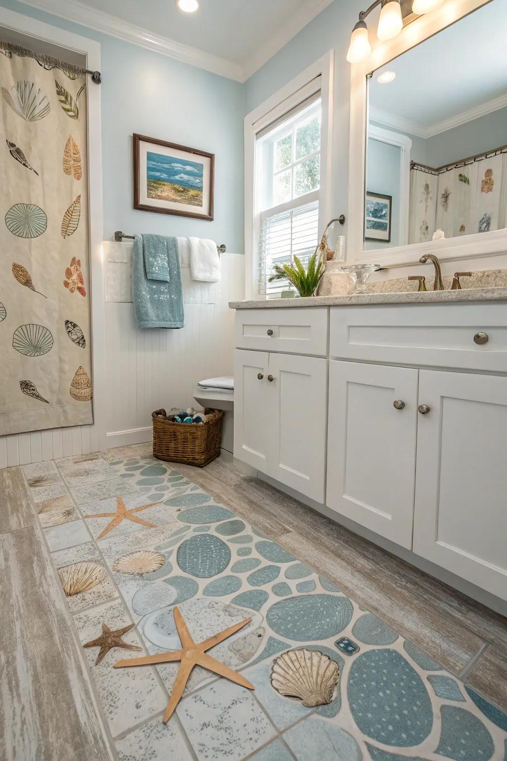 Coastal-inspired resilient flooring creates a breezy, beachy atmosphere in this bathroom.
