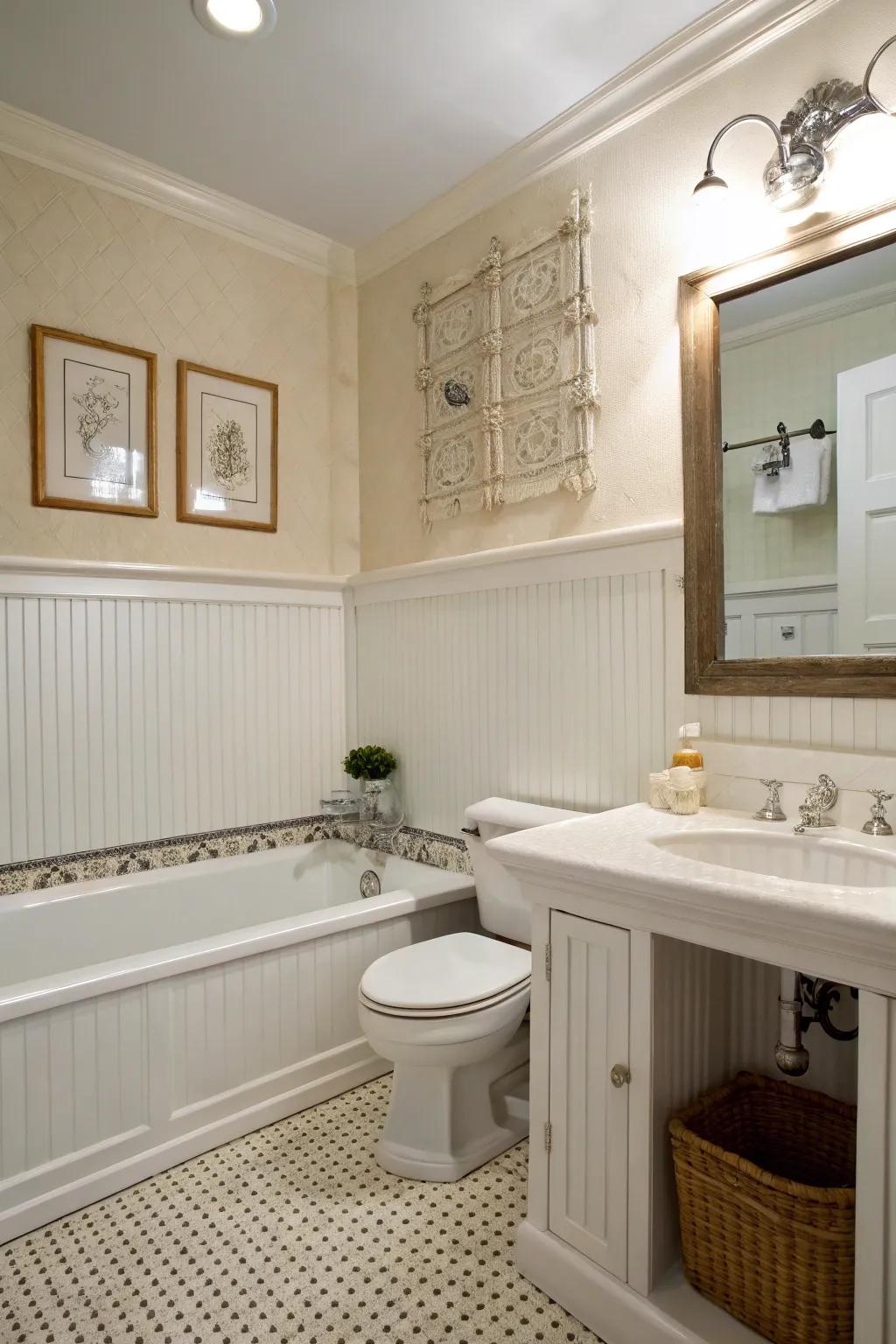 Beadboard and wainscoting add classic charm to bathroom walls.