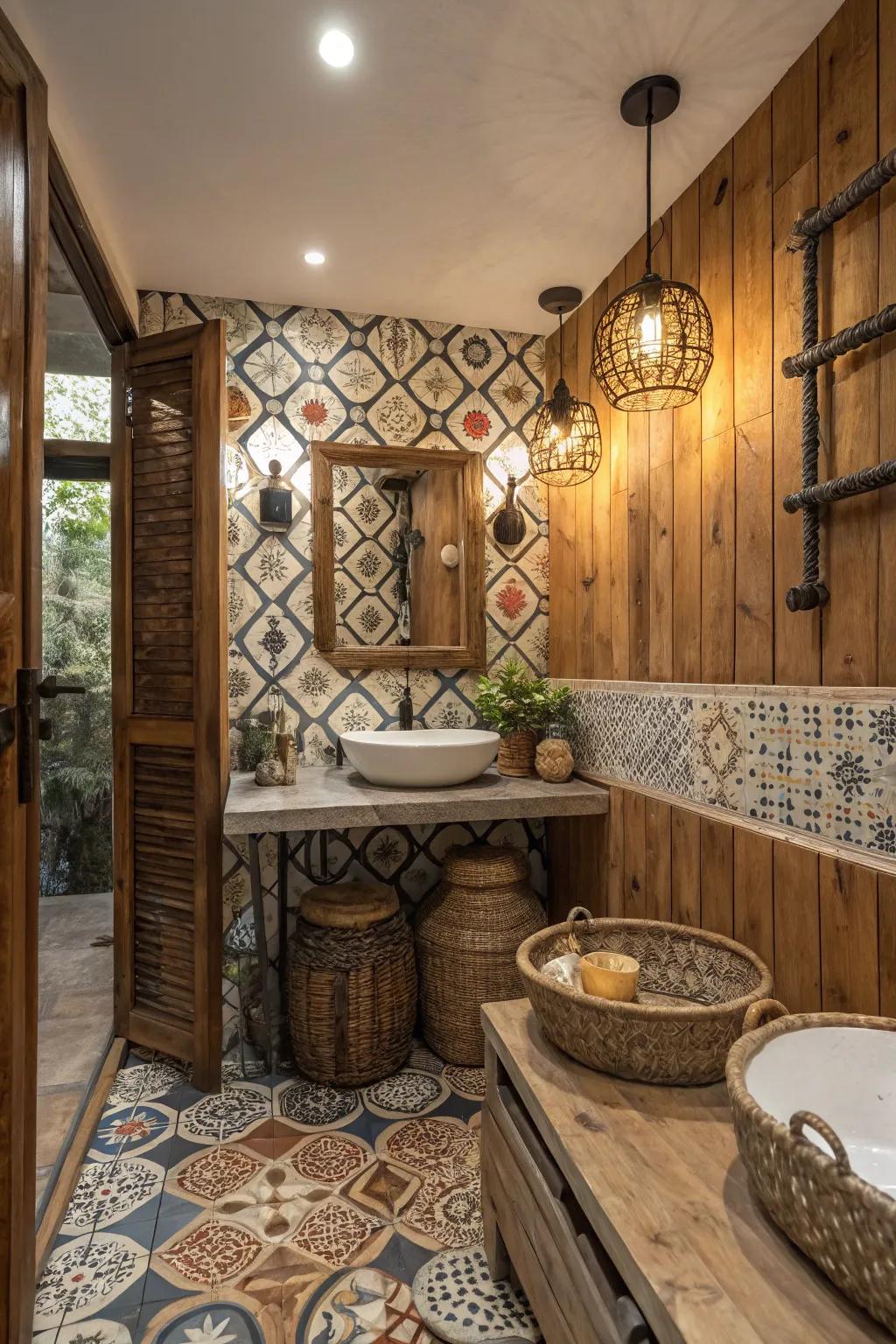 Express artistic contrast with patterned tiles and decor.