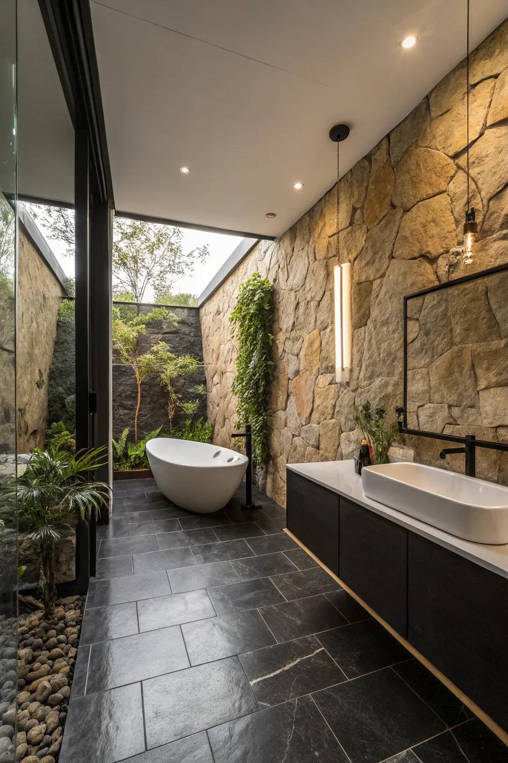 Natural stone textures add elegance to the modern black floor.