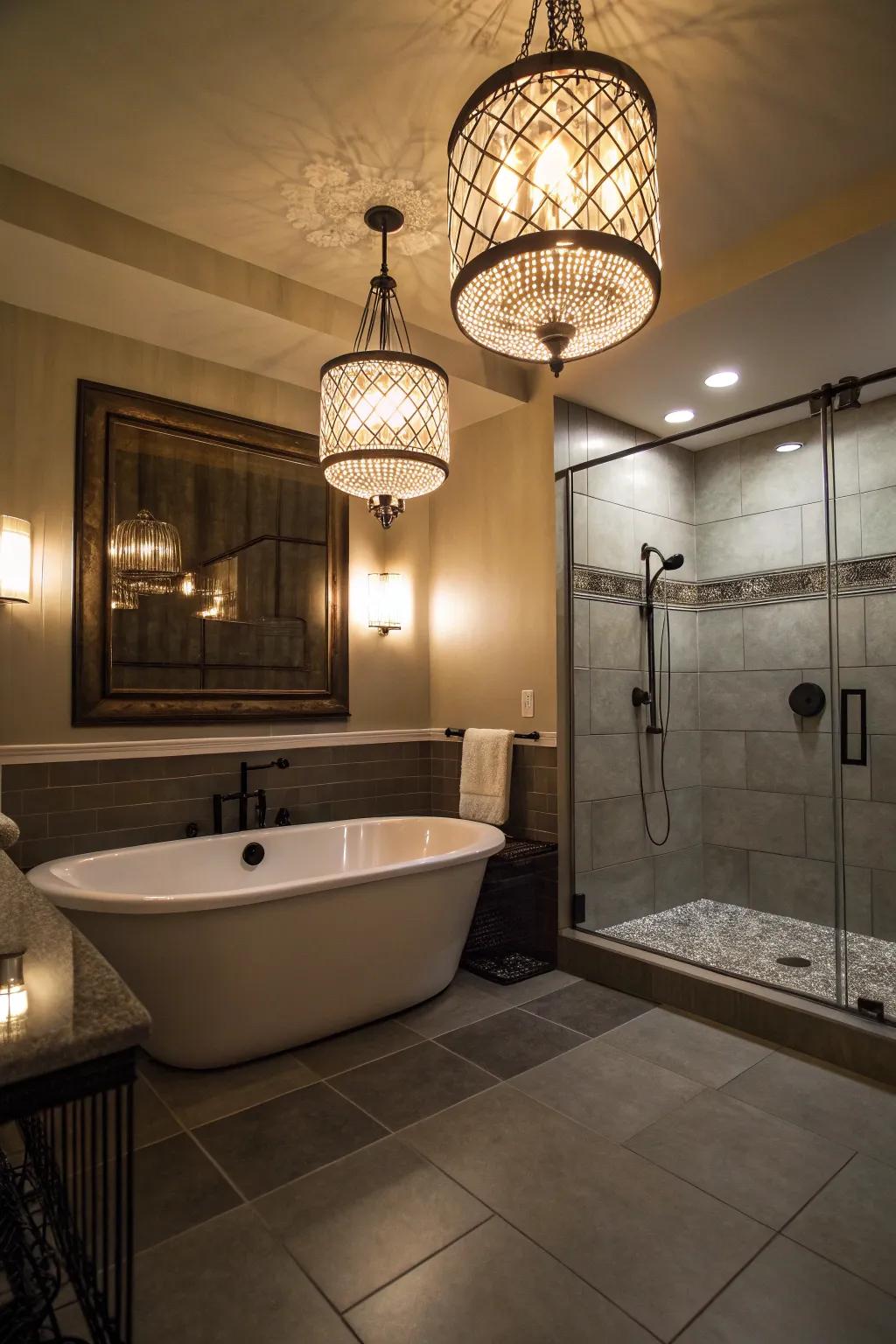 Grandiose lamps creating a dramatic atmosphere in the bathroom.