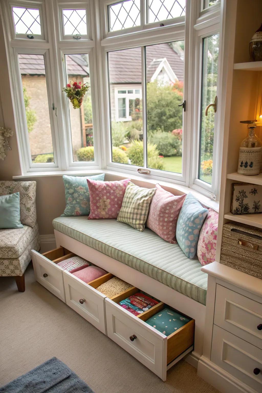 Stash Space within cushions provides added functionality to your bay window spot.