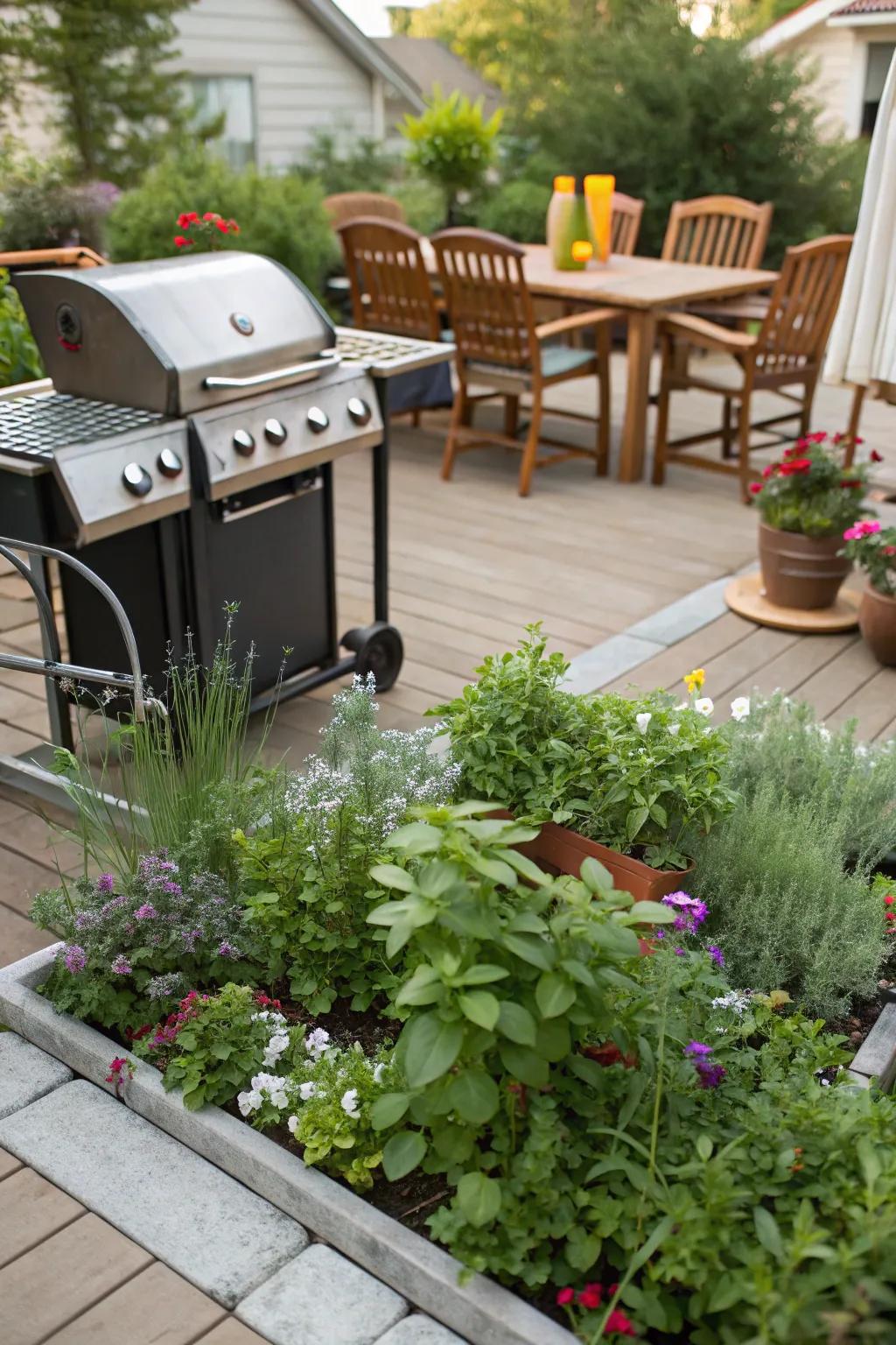 A garden grill setup adds greenery and freshness to your BBQ patio.