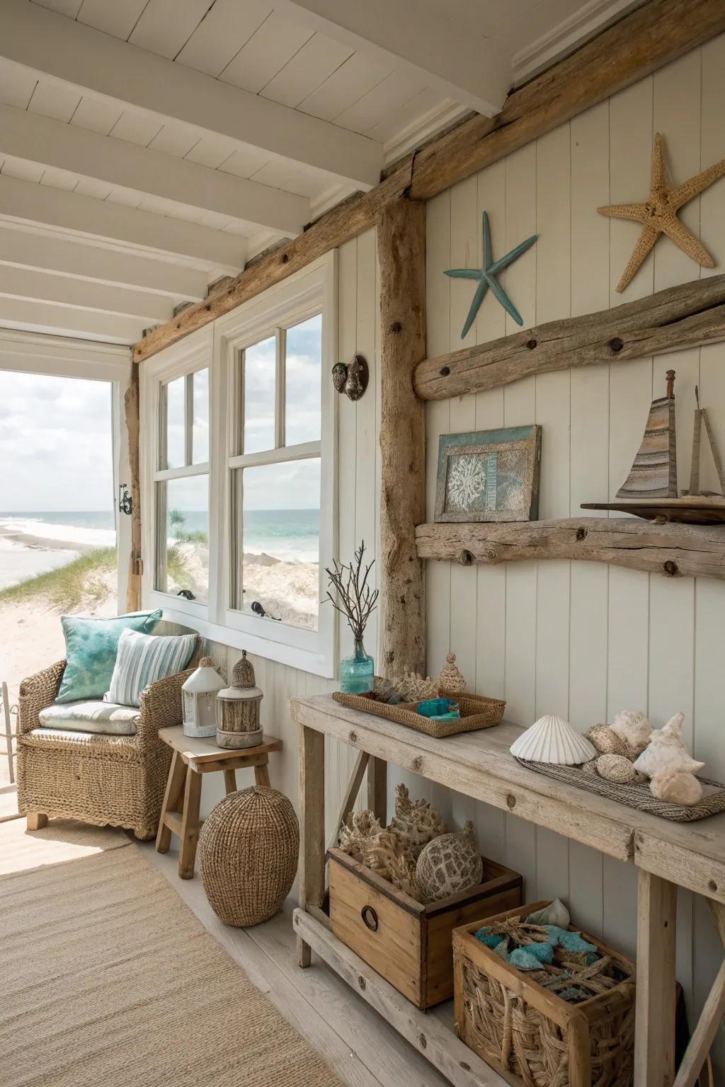 Driftwood décor bringing an organic and artistic element to the space.