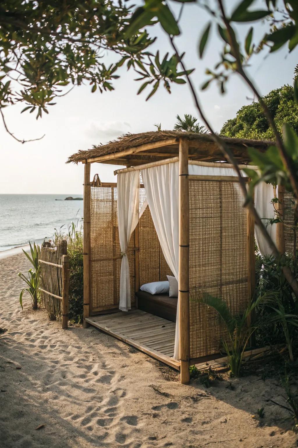 Cane screens deliver privacy and a tropical sentiment to the beachfront hideaway area.