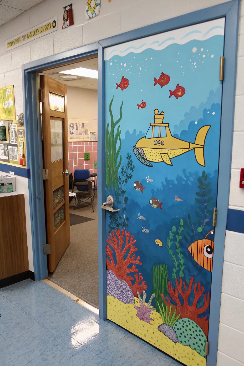 A subaqueous marine vessel panorama on a classroom door for an adventurous sensation.