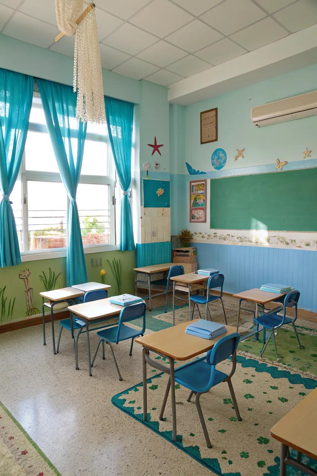 A soothing coastal color harmony transforms the classroom into a serene oasis, fostering a calm learning environment.