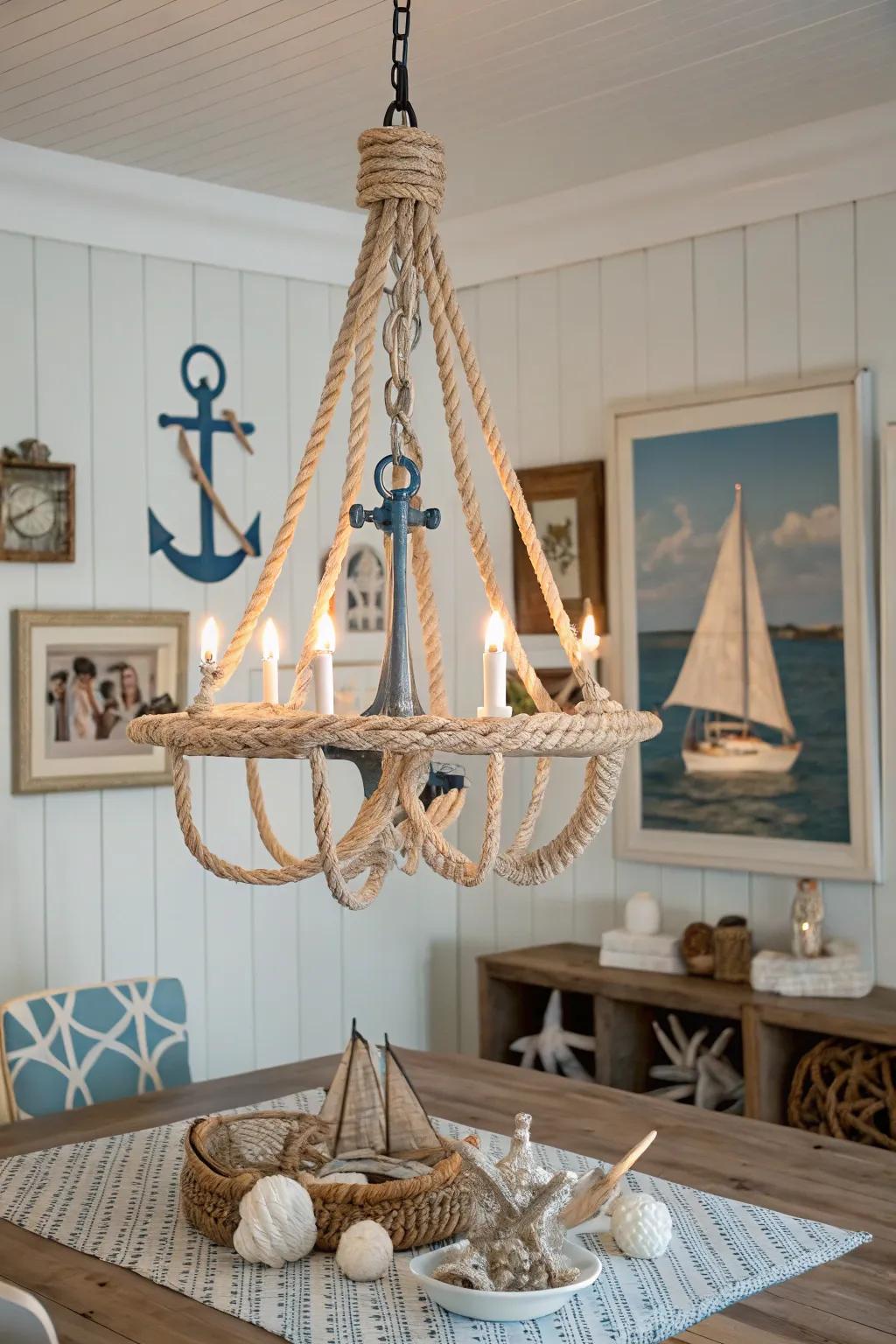 A maritime lighting fixture amplifies the coastal theme.