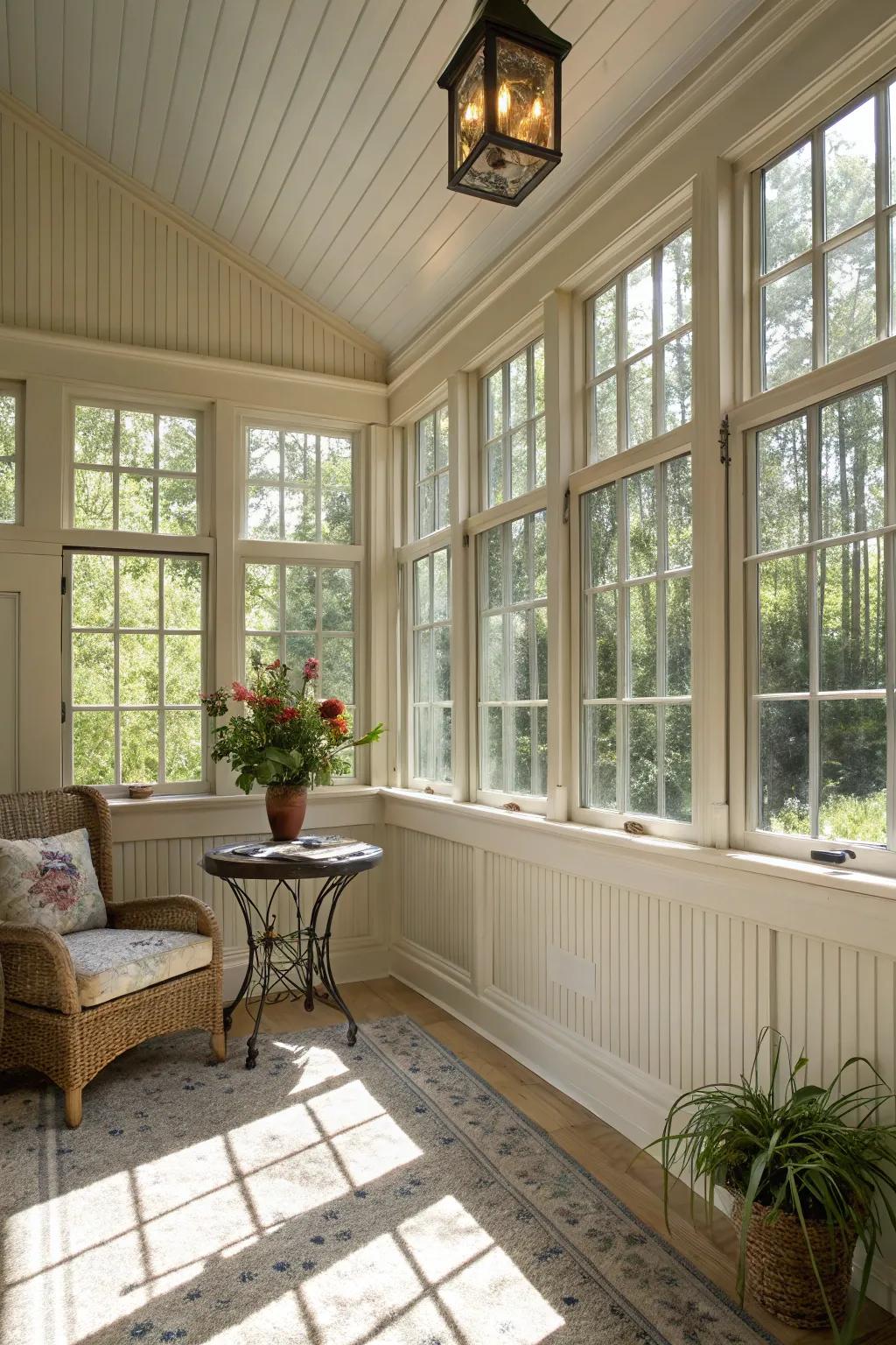A serene sunroom retreat featuring beadboard walls.