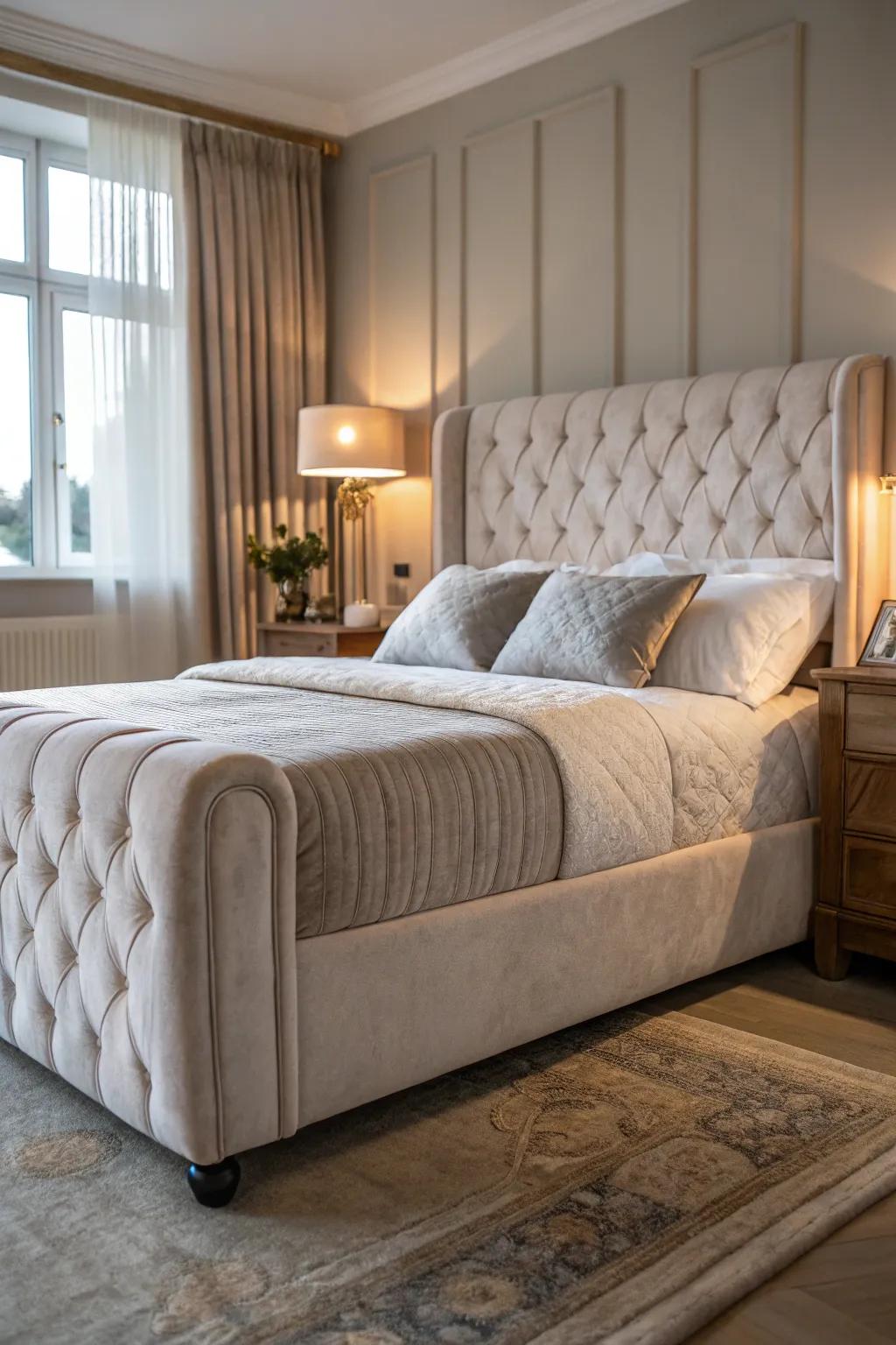 An upholstered bed frame adds relaxation and classiness to the bedroom.