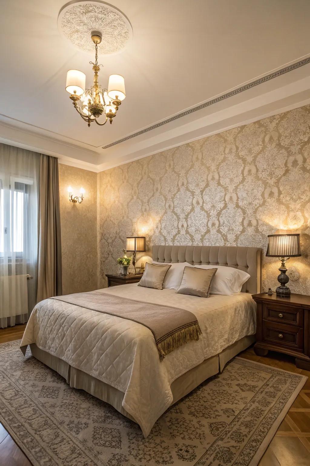 Patterned wall covering infuses visual depth into the bedroom.