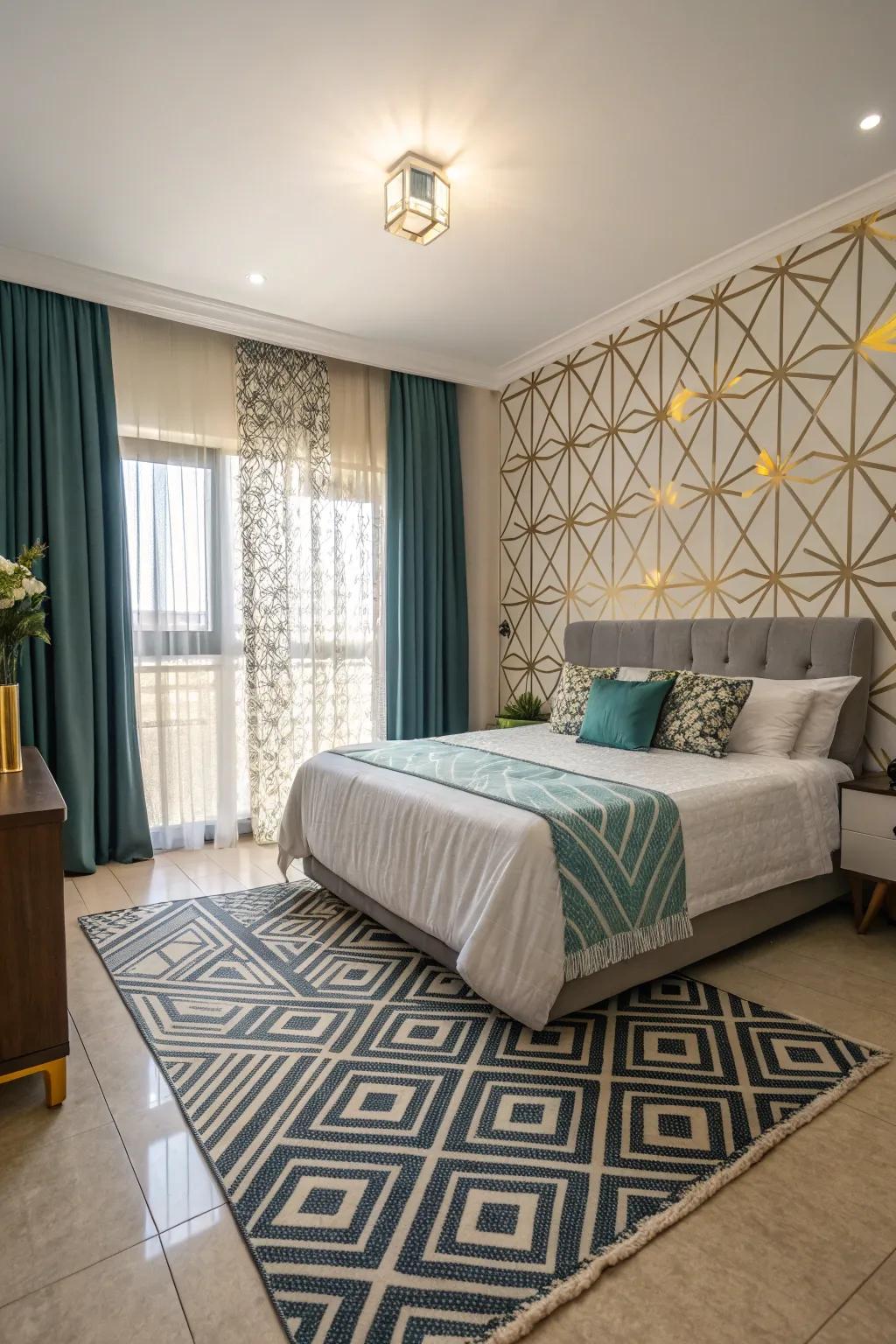 Geometrical designs append modern flair to this fashionable bedroom.