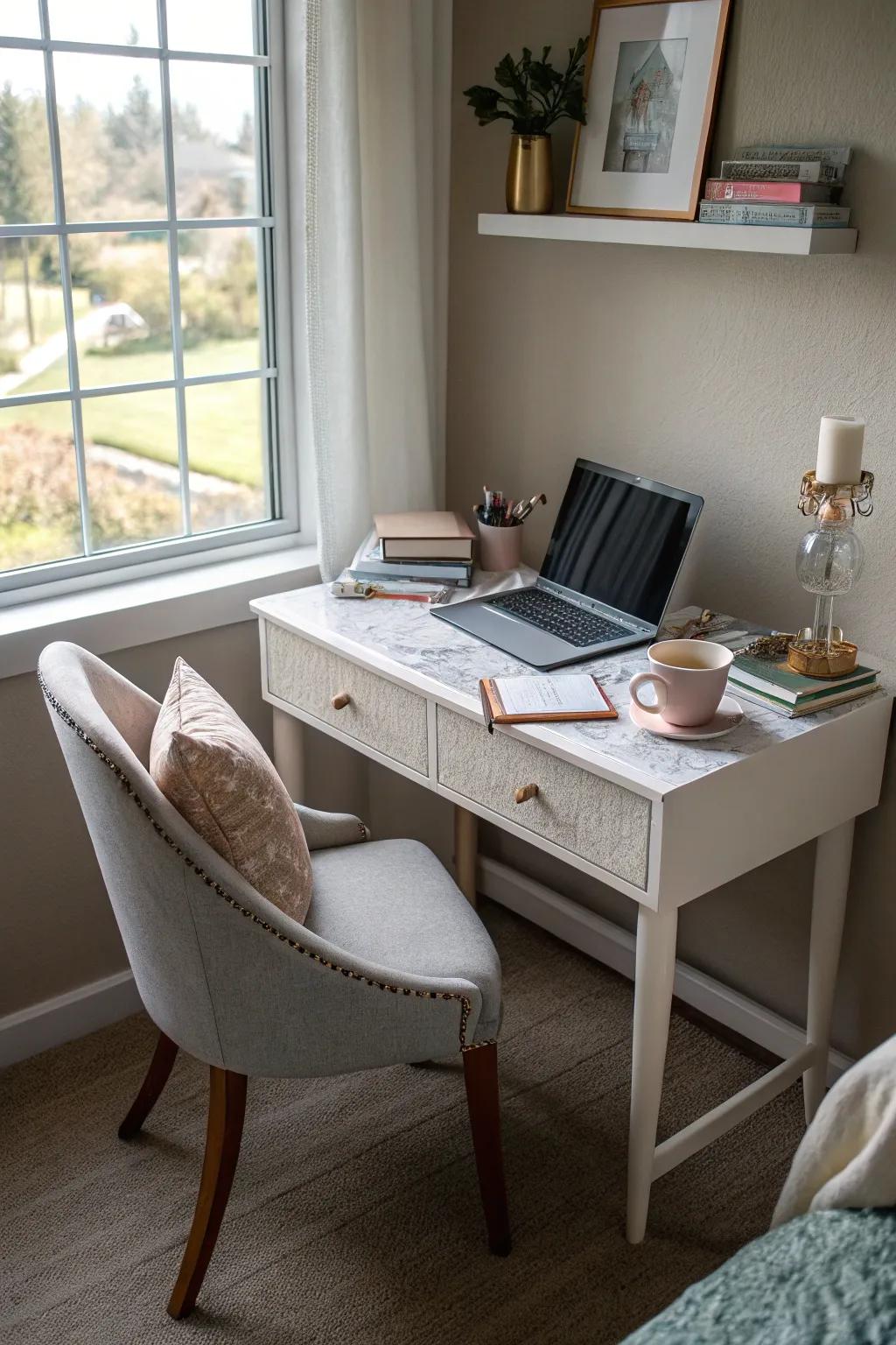 A corner desk creates a practical working area.