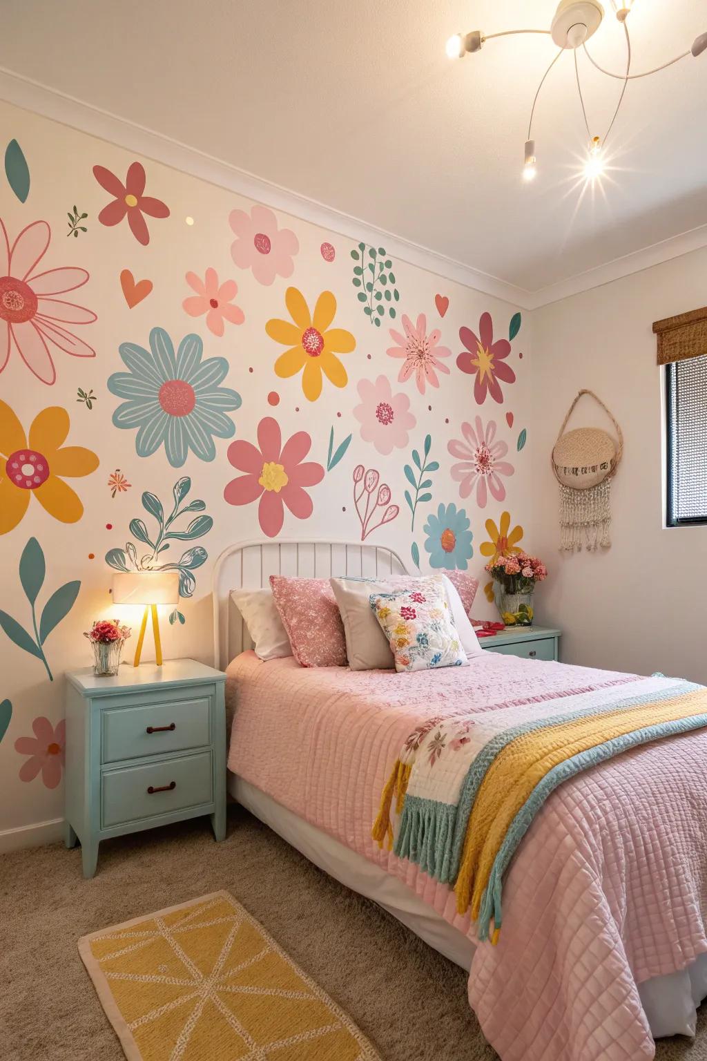 A bedroom enlivened by floral wall graphics.
