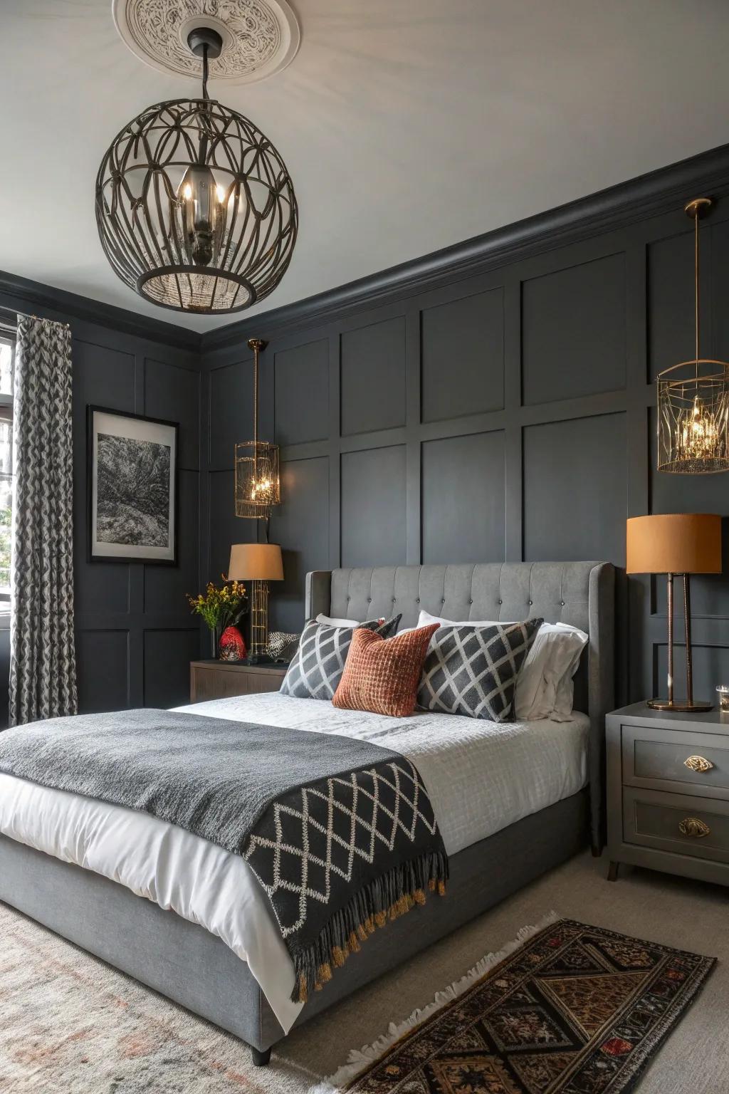 A refined bedroom with coal hue walls, providing a current and sleek backdrop.