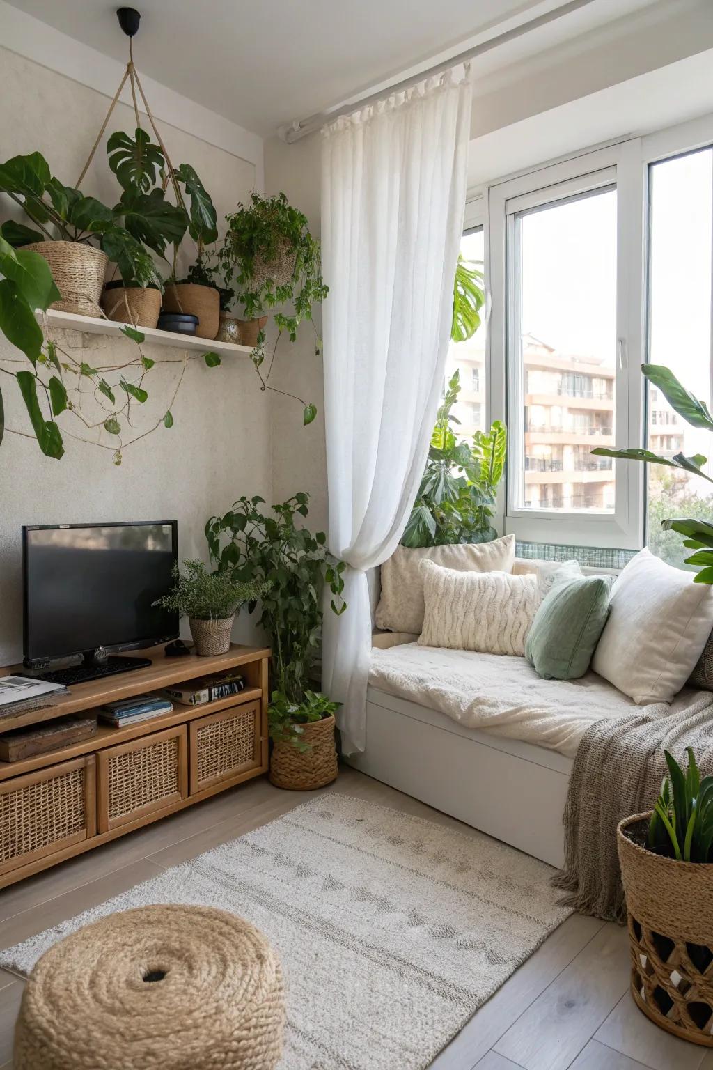 Greenery introduces a fresh, natural element to your bedroom's TV zone.
