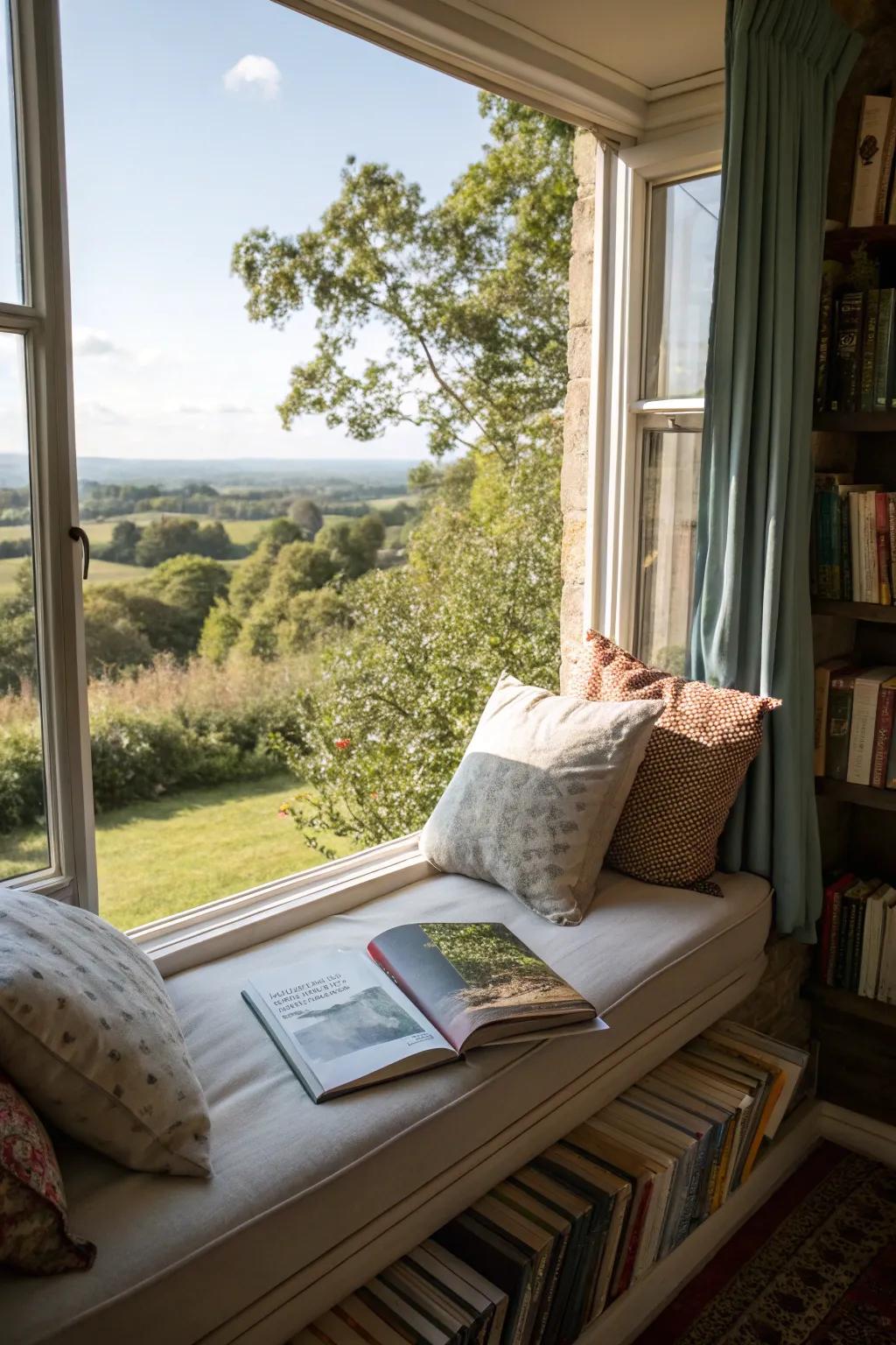 A window seat with seats makes for a fitting reading sanctuary.