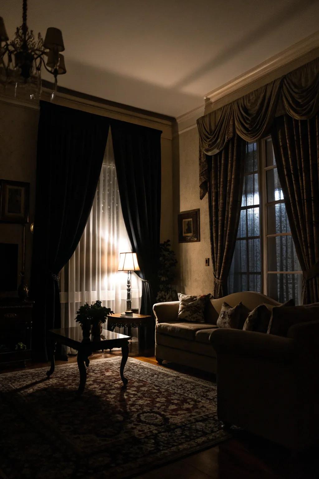 Dark window coverings add a touch of drama and intimacy to the space.